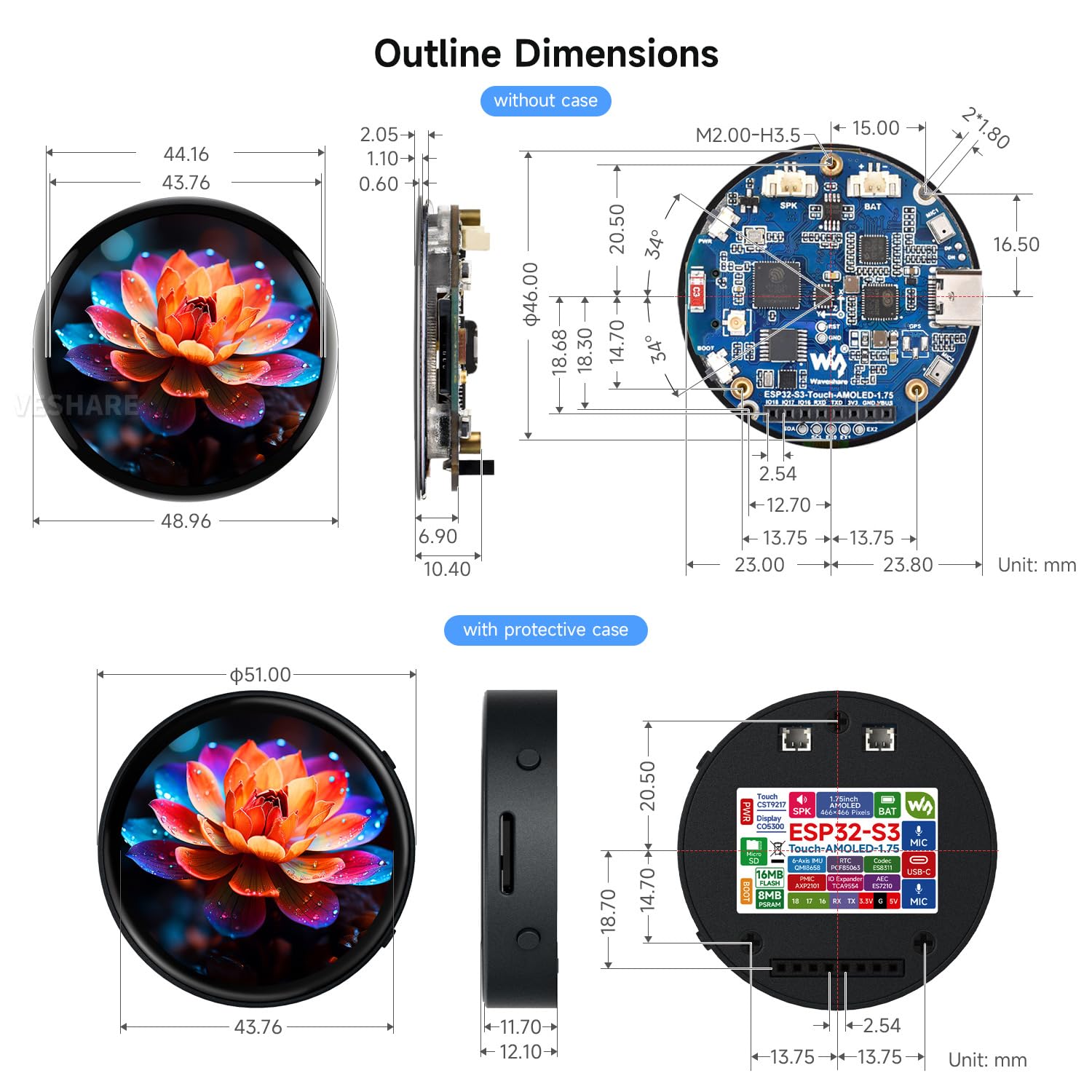 Waveshare ESP32-S3 1.75inch AMOLED Round Touch Display Development Board(GPS Version, No Case), 32-bit LX7 2-Core Processor, 466x466, QSPI Interface, 2 Digital Microphones Array, ESP32 with Display