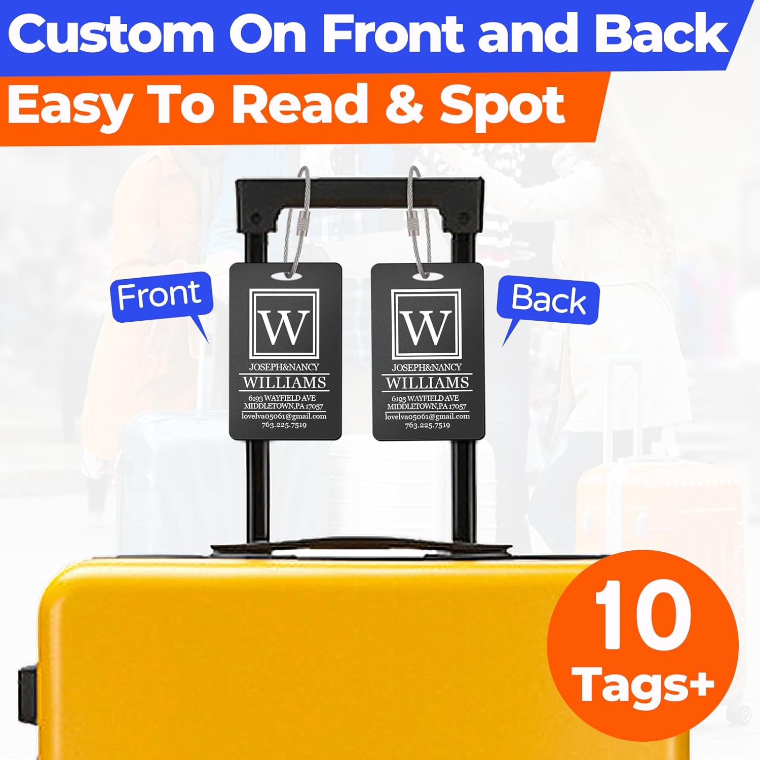 10 PCS Personalized Luggage Tags, Custom Engraved Aluminum Luggage Tags for Family, Metal Luggage Tags for Suitcases, Backpack, Custom Solid Brass Luggage Tag with Strap, Two Sided Engraving (Black) - Image 4