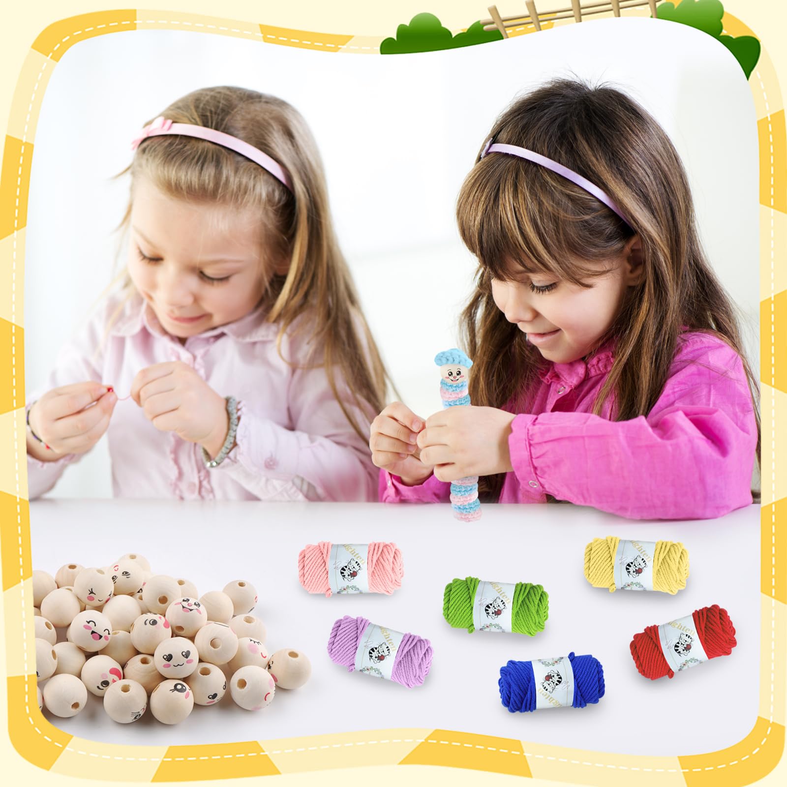 Sixfolo 50 stuks Happy Face houten kralen, 5 stijlen, natuurlijke ronde houten kralen, 20 mm, houten poppenhoofdkralen met jute touw voor doe-het- zelf ambachtelijke sieraden armband macramé maken (5