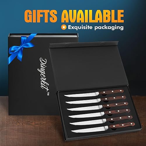 Miniatura 6 de Juego de 6 cuchillos para carne, juego de cuchillos alemanes de acero inoxidable con mango de madera de Pakkawood, cuchillos dentados profesionales