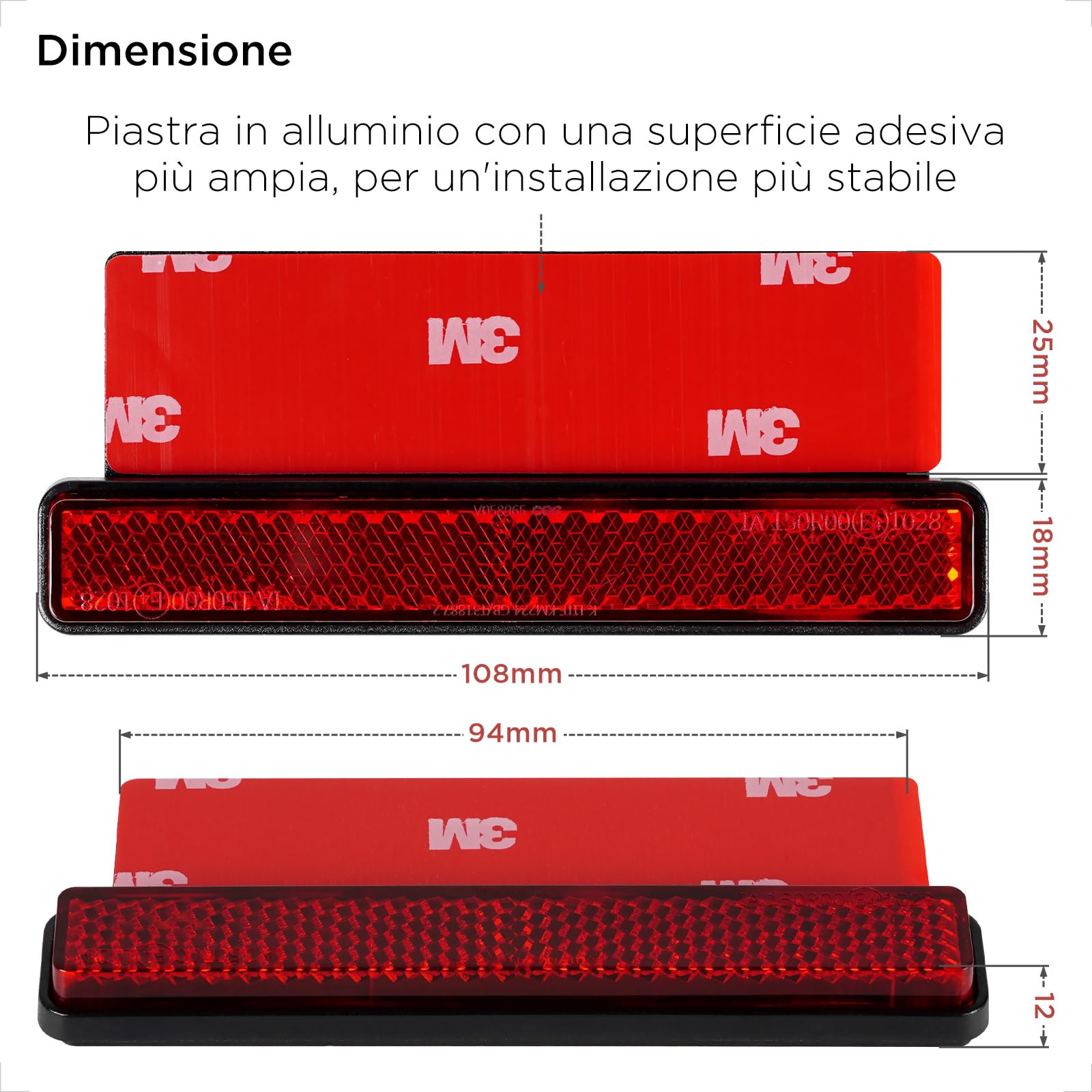evermotor Catarifrangente Posteriore Moto 108 x 18 x 12mm E4 Omologato, Catadiottro Cat's Eye Posteriore con Piastra Portatarga in Alluminio Autoadesiva, Adesivi Catarifrangenti 2 Pezzi