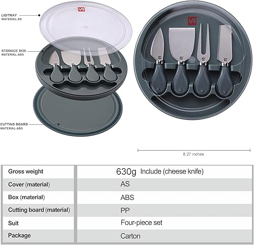 Miniatura 8 de YQ Juego de 4 cuchillos y tablas de queso, juego de 4 cuchillos de queso de acero inoxidable, tabla redonda de embutidos para servir galletas de