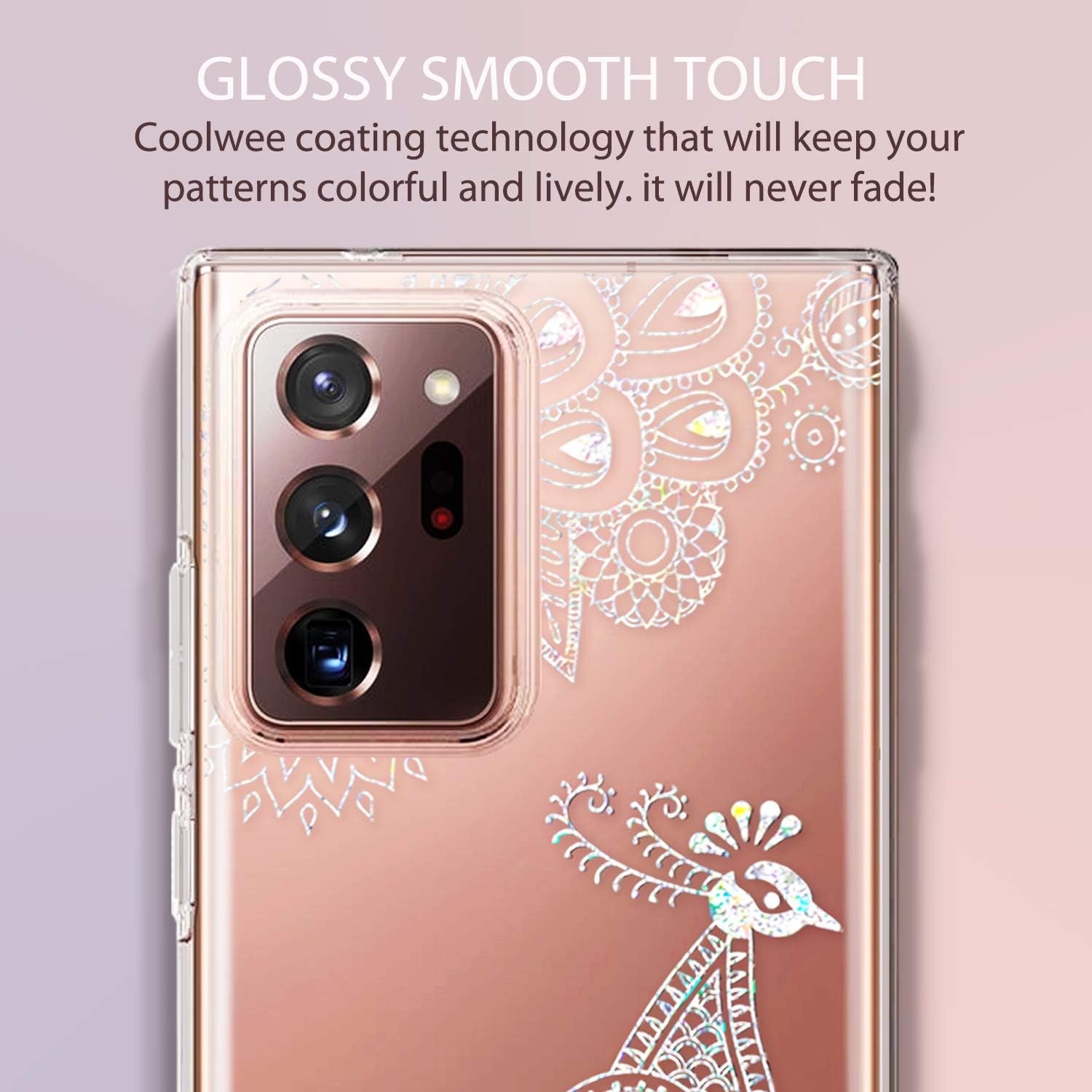 Coolwee Clear Glitter for Note 20 Ultra Case Thin Flower Slim Crystal Peacock Bling Women Girls Plastic Hard BackvSoft TPU Bumper Protective Cover for Samsung Galaxy Note 20 Ultra Mandala Henna