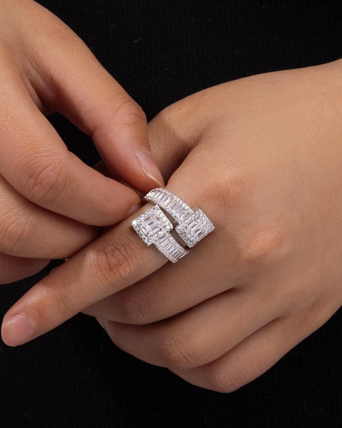 Iced Out Cubic Zirconia Diamond Baguette Ring - For Men & Women, Silver & Gold Luxury Bling Party Ring - Image 2