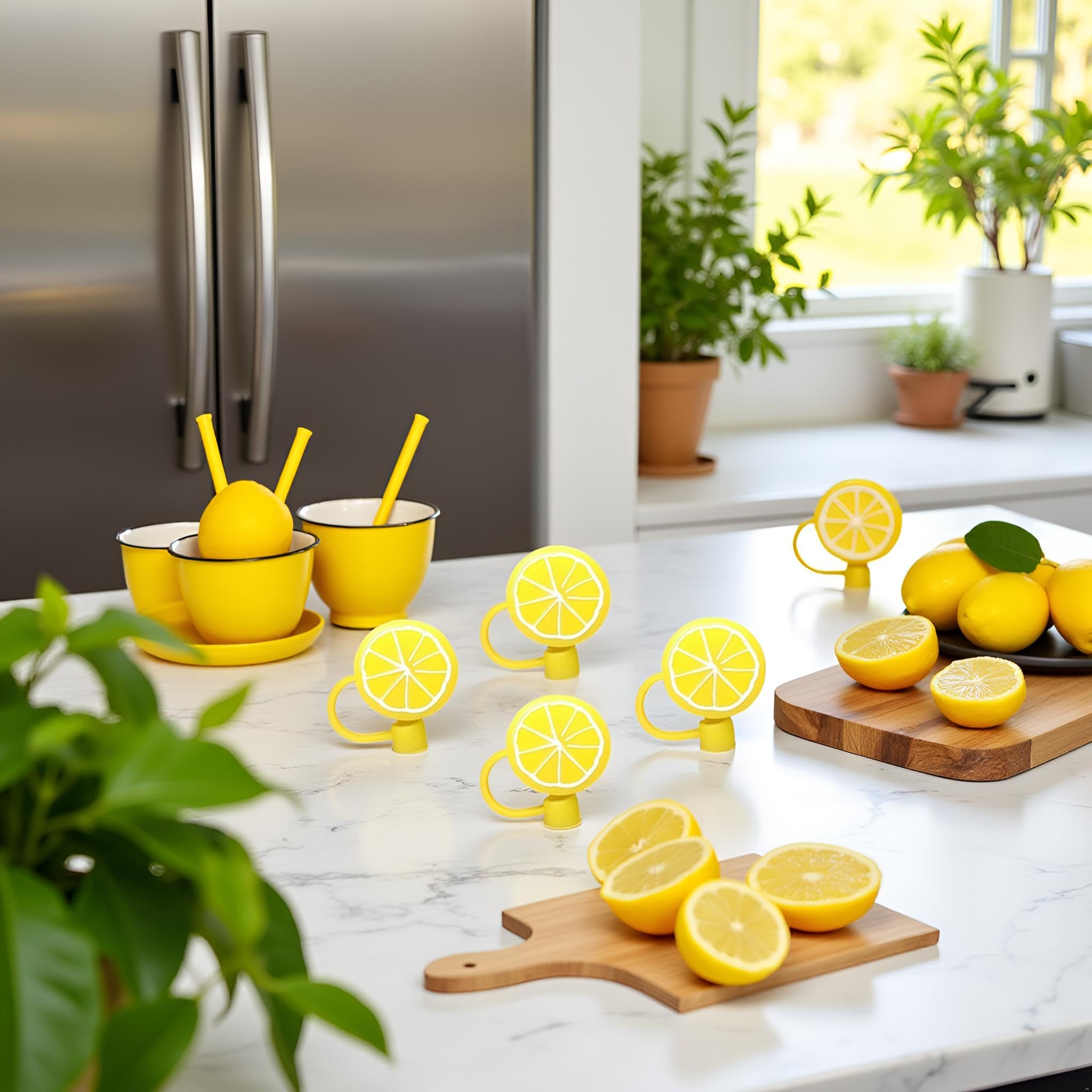 4 pajitas de limón amarillo, tapas reutilizables de silicona para popote, tapas para beber tapas antipolvo para tapones lindos, tapas de popote, cubierta desechable (6-8 mm)