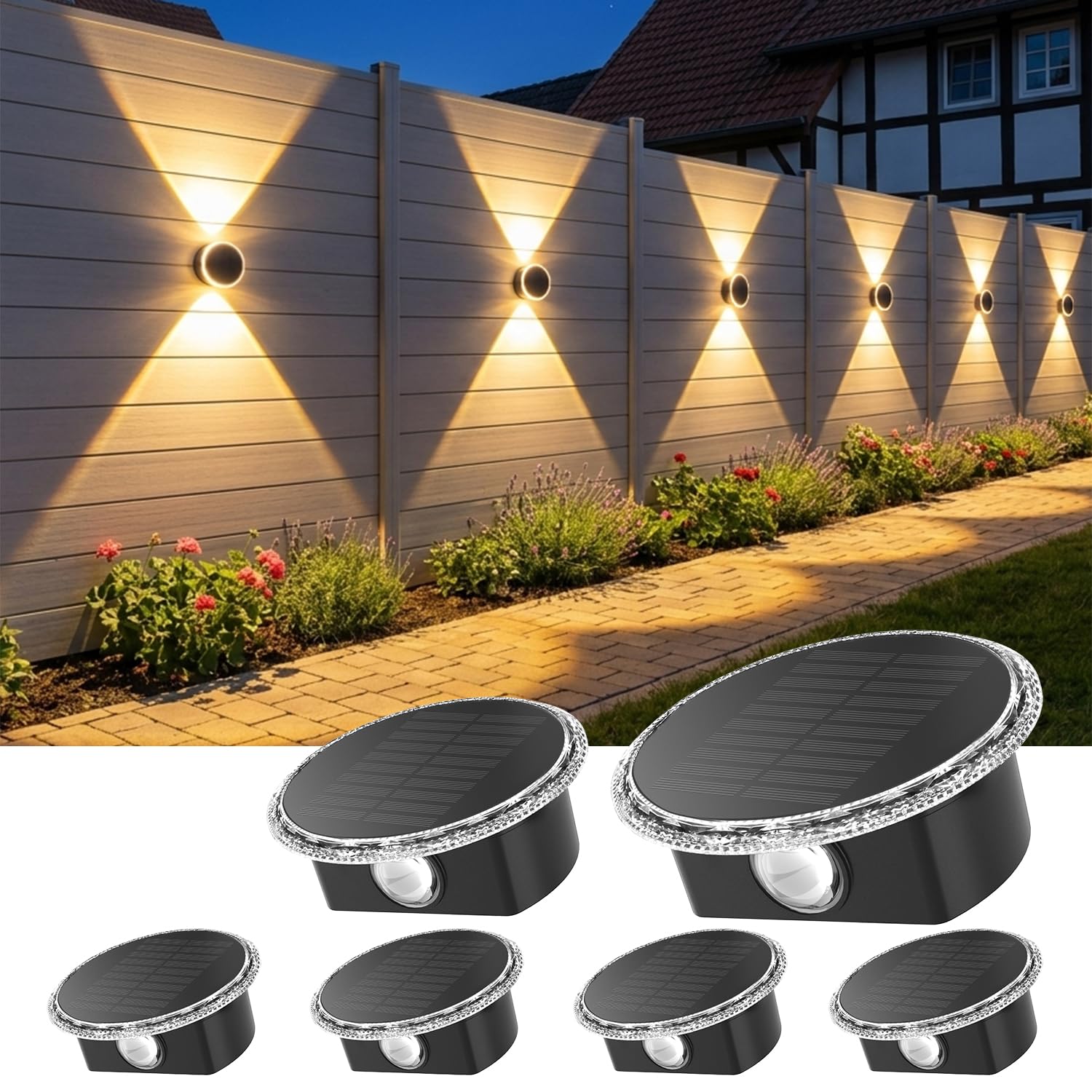 ELLASAY Solarlampen für Außen wand: Solar Wandleuchte Aussen Up and Down Leuchten Runden IP65 Wasserdicht, 3 Farben Zaunleuchten Kabellos, Solarleuchten für Gartendeko Pool Haus Deck 6 Pack