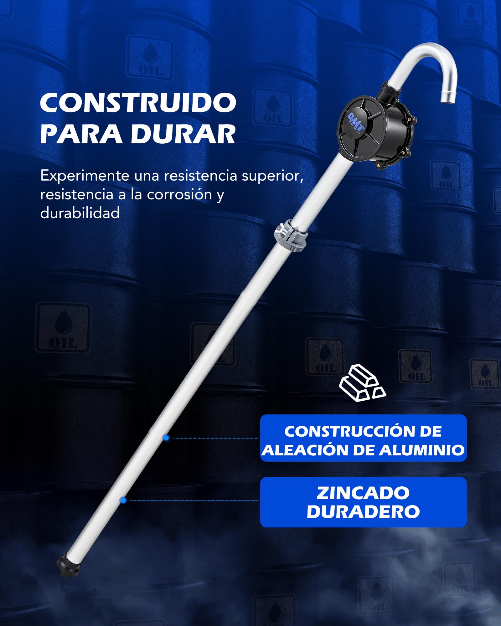 OMT Bomba Manual De Combustible Para Bidón 60L-200L, Aluminio Con Manguera | Tubo Telescópico Regulable, Trasvase De Diésel Y Queroseno, Uso En Taller Y Agricultura, Maletín De Transporte