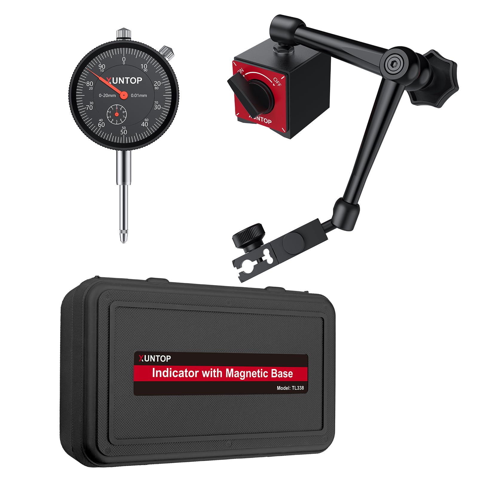 XUNTOP Reloj comparador de precisión con soporte magnético, 176 lbs/80 kg, fuerza de tracción, 0,01 mm, precisión 0-20 mm, rango de medición mecánico, ideal para laboratorio, taller, impresora 3D