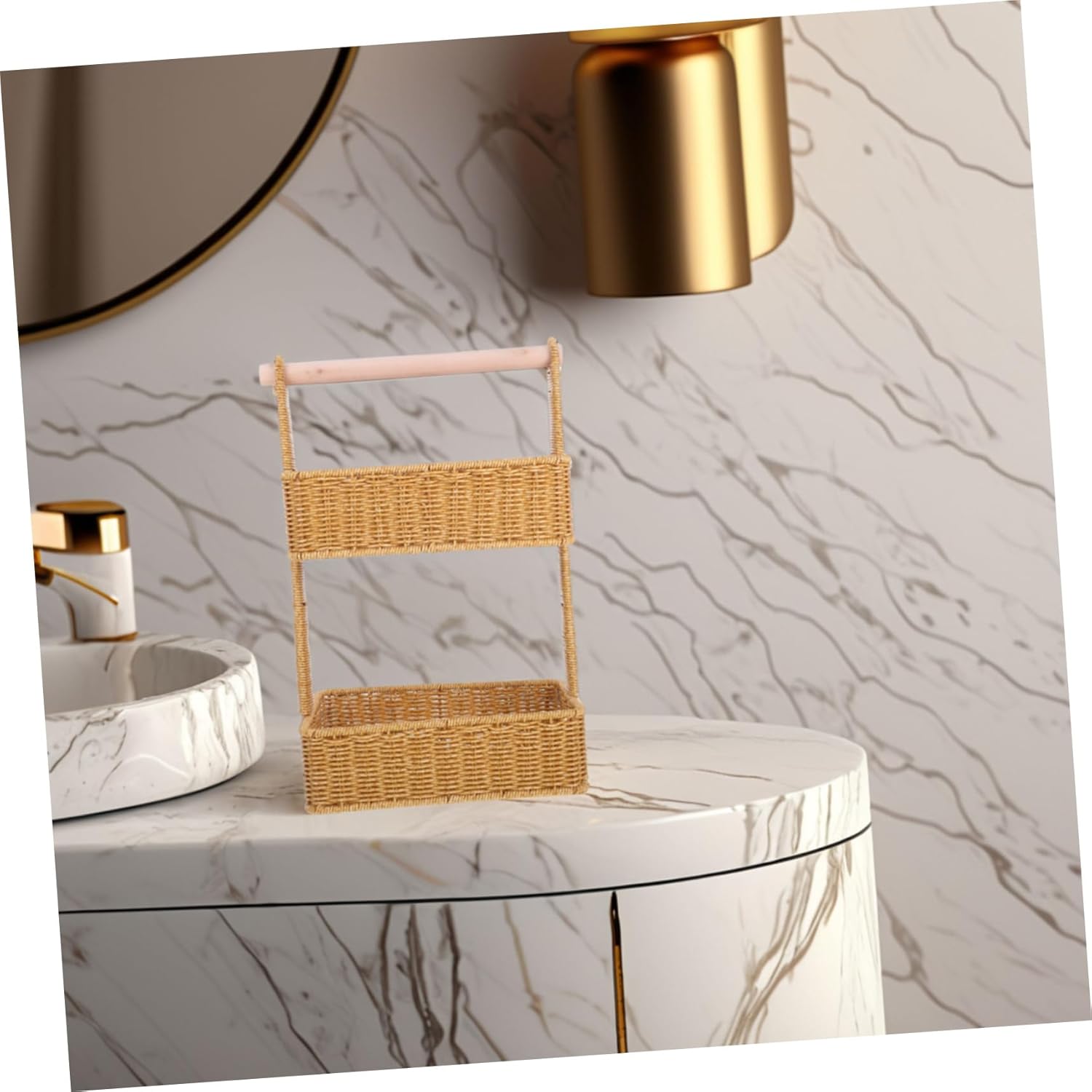 PRETYZOOM 2tier Hanging Storage Hand Woven Double Rattan Style Organizer for Boho Decor for Kitchen Bathroom and Living Room Storage