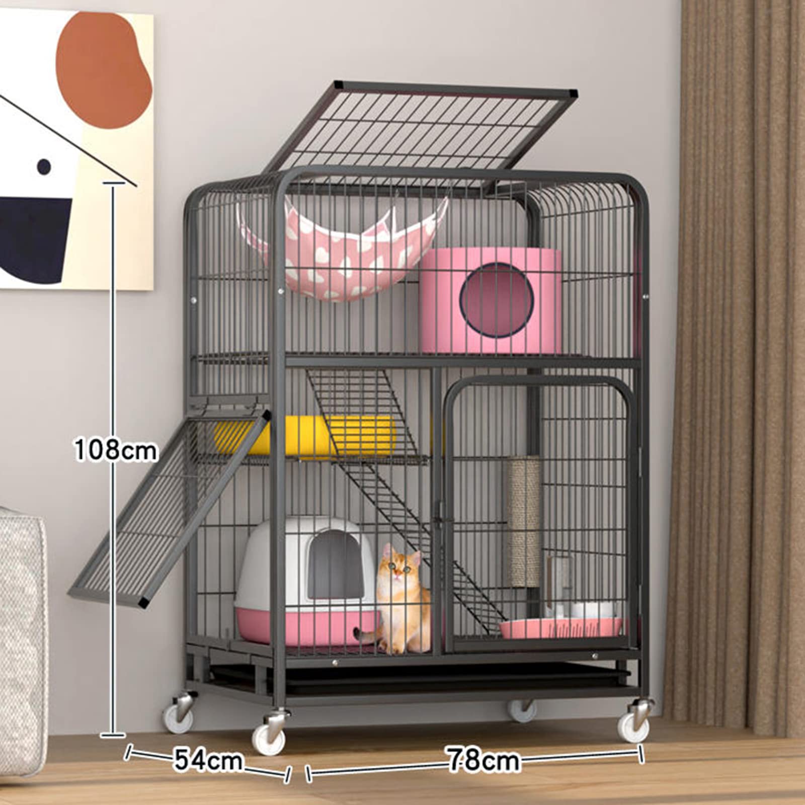 Gabbia per gatti da interno, Gabbia per gatti portatile, Gabbia per animali domestici, Stanza per piccoli animali domestici, Gabbia in rete metallica per 1-2 gatti (Black)