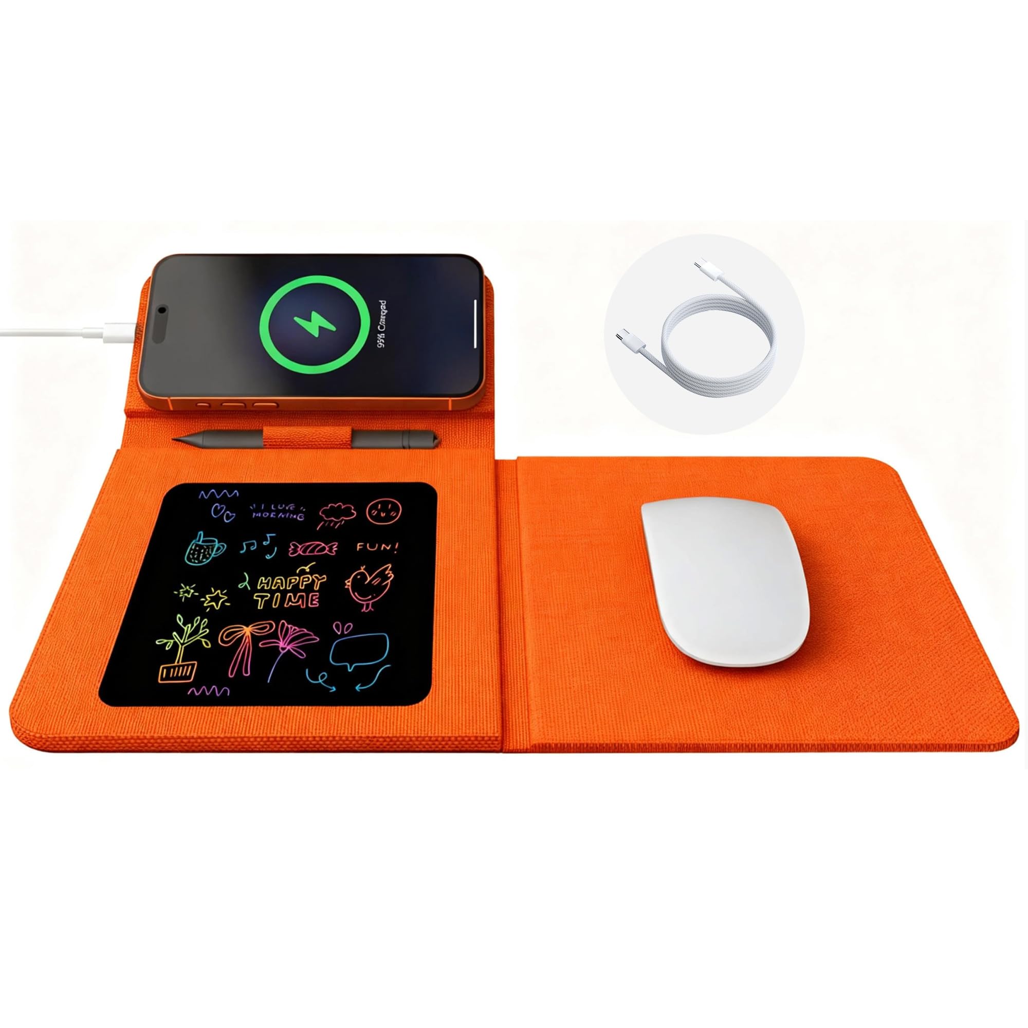 Tappetino per mouse con ricarica wireless con tablet LCD, superficie pieghevole in pelle antiscivolo, caricabatterie rapido magnetico da 15 W per iPhone/Apple Watch/Samsung Galaxy Watch/S più