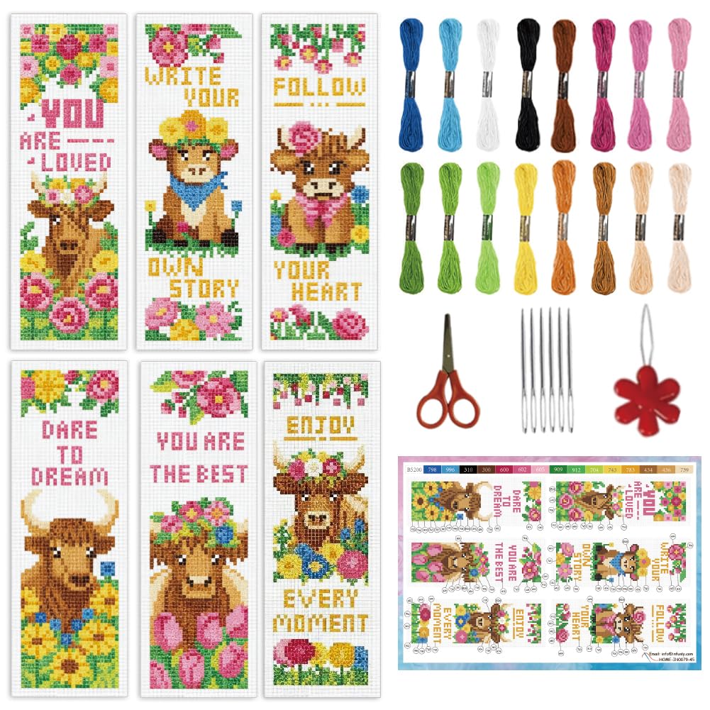 INFUNLY 6 Set Highland Cow Cross Stitch Bookmark Kit 7.6x21.6 cm DIY Embroidery Bookmarks Cotton Linen Pre Printed Pattern with Backing Felt for Book Lovers Readers Craft Gift