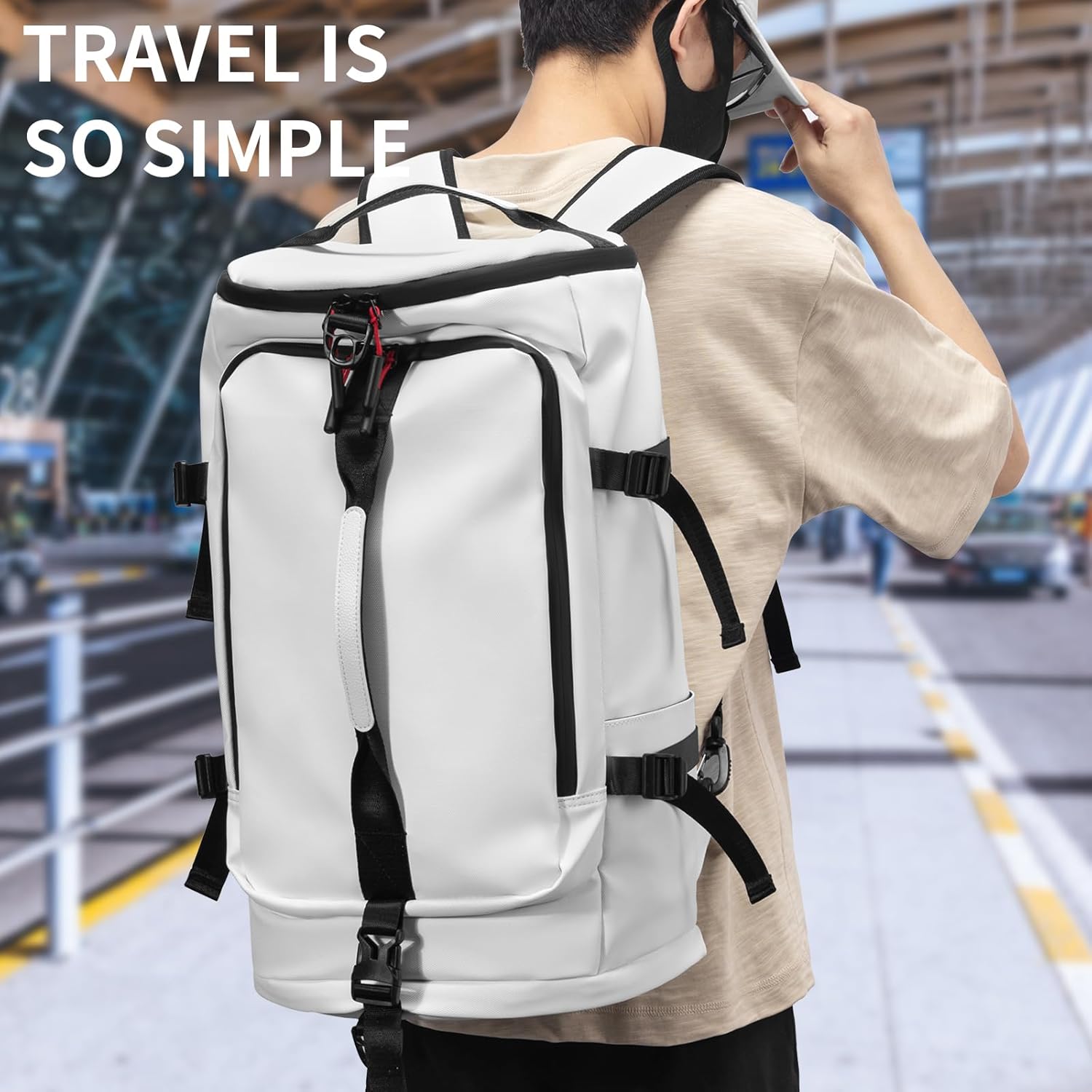 YOUMIAN Gym Duffle Bag 3 IN 1 Travel Backpack 40L Waterproof Shoe Compartment for Men and Women Basketball Soccer Sports Bag (White)