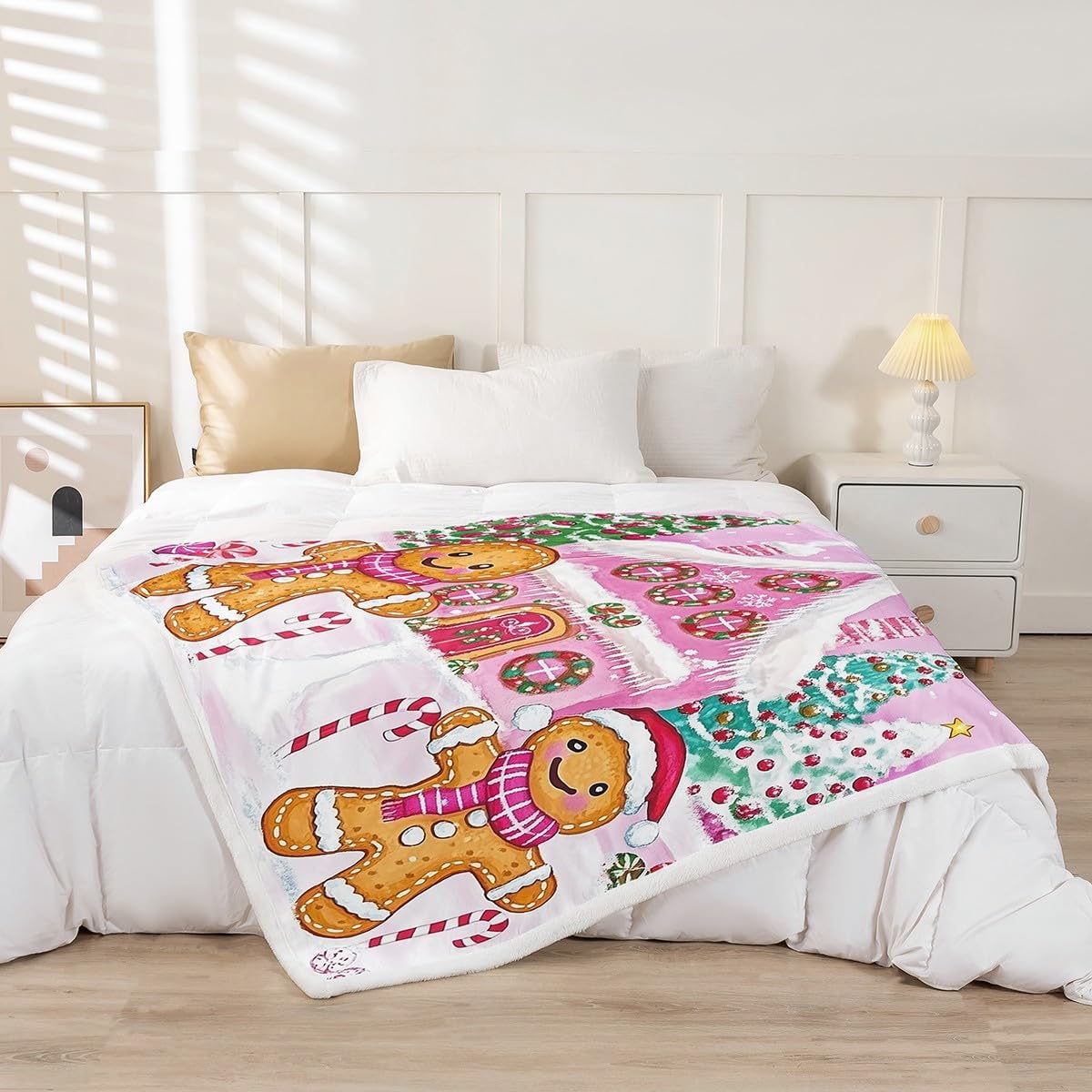 Feelyou Kids Pink Merry Christmas Fleece Throw Blanket Throw 50"x60" Xmas Tree Gingerbread Man Plush Blanket for Boys Girls Candy Cane House Winter Sherpa Blanket Happy New Year Fuzzy Blanket