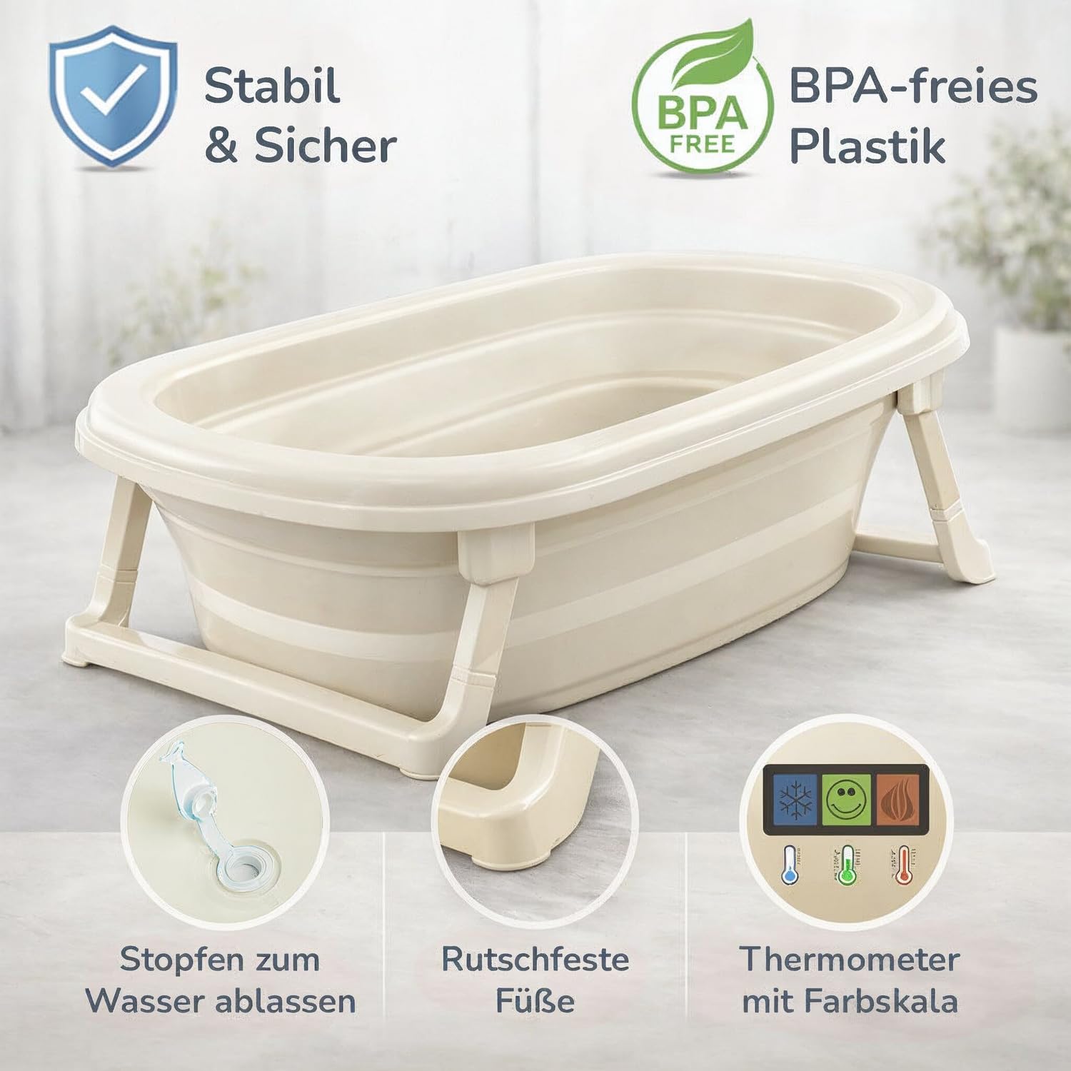 Babykajo Babybadewanne faltbar ab Geburt, mit Abflussstopfen & Thermometer-Sticker, BPA-frei, rutschfeste Füße, 81x48x23 cm, Babywanne faltbar für Neugeborene bis 16 Monate