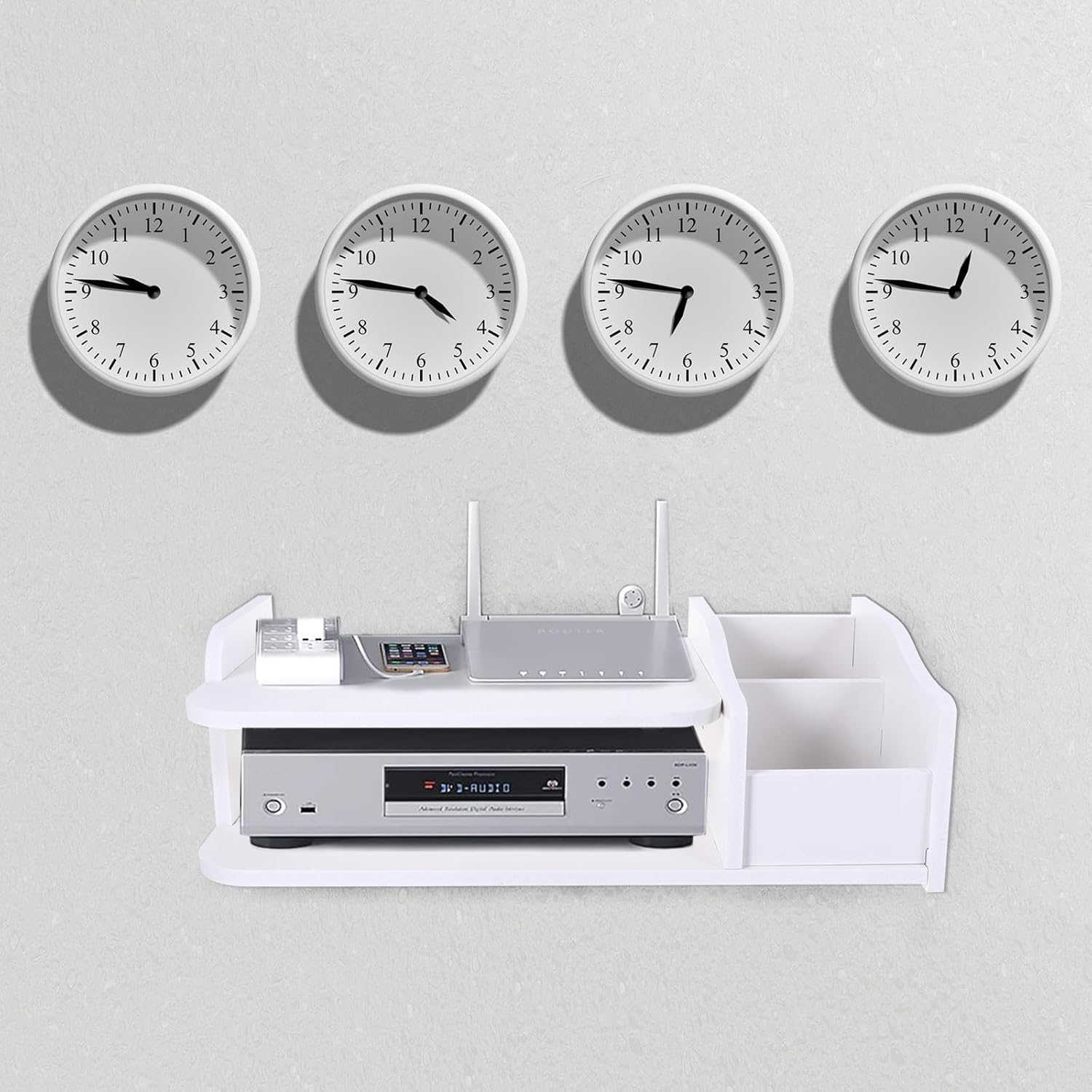 Wall Mounted Router Holder and Floating Storage Shelf, Punch-Free Wooden Rack with Double-Layer Design, Household Router Organizer for Living Room and Office Storage