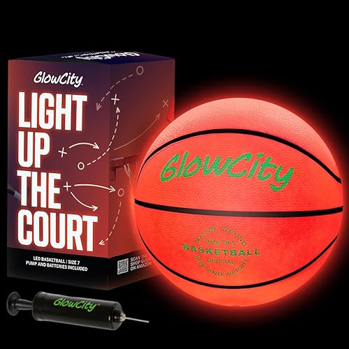 GlowCity Glow in The Dark Basketball - Sizes 5, 6, 7 Light Up Ball for Kids, Teens & Adults - Red Glow for Outdoor Games - Sports Birthday Gifts Ideas for Boys Ages 6 7 8 9 10 11 12 13 14