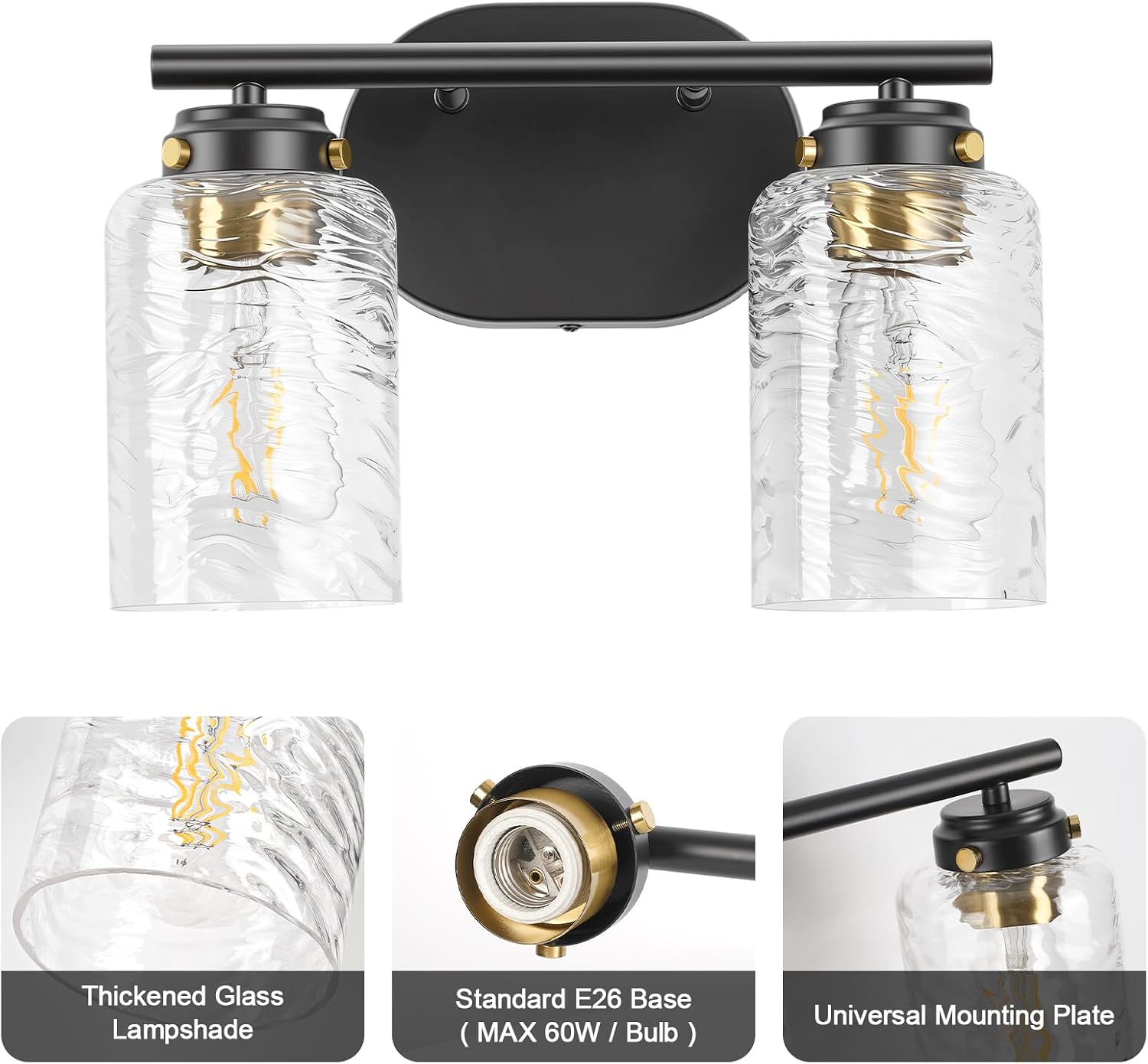 2-Light Bathroom Light Fixtures 13 Inch Black Vanity Lights for Bathroom Lighting Fixtures Over Mirror with Thick Water Ripple Clear Glass Shade for Mirror Bedroom Hallway