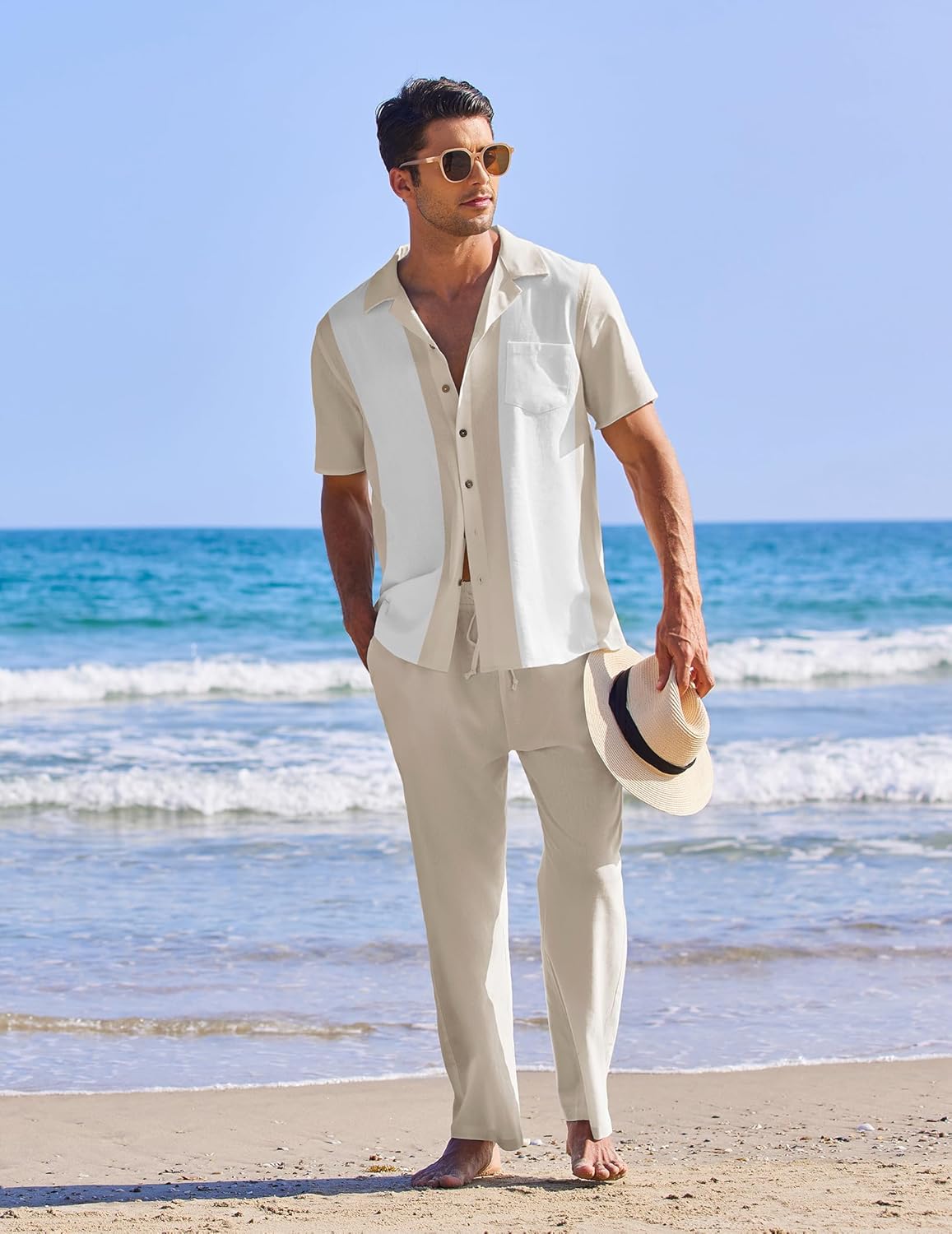 COOFANDY Men 2 Piece Linen Outfit Beach Button Down Shirt Casual Loose Pant Sets - Image 5