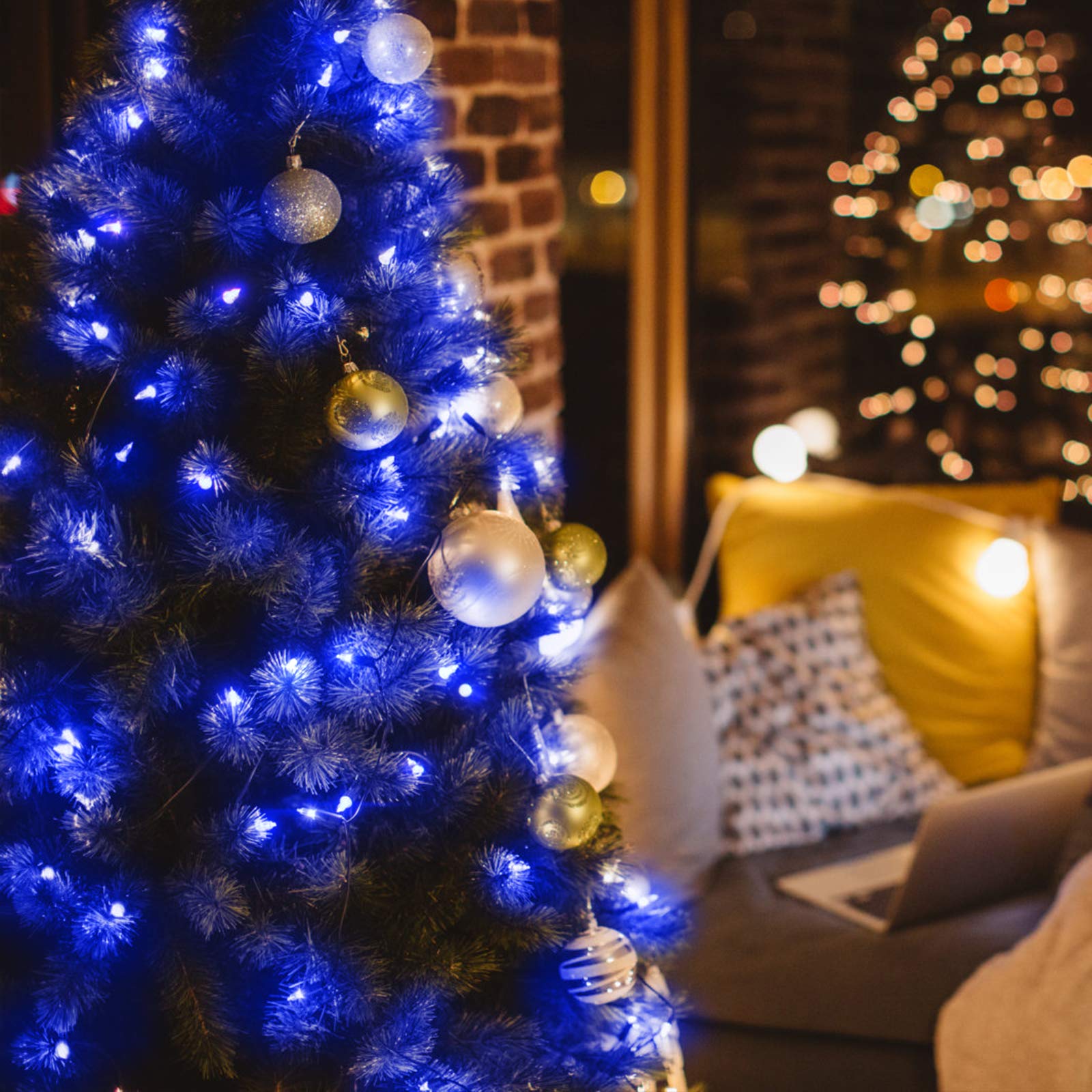 Niebieskie lampki świąteczne na baterie, 2 sztuki, 50 diod LED, wodoodporne, 4,9 m, łańcuch świetlny z 8 trybami, mini lampki choinkowe do wewnątrz, na zewnątrz, do ogrodu, na imprezę, dekoracje