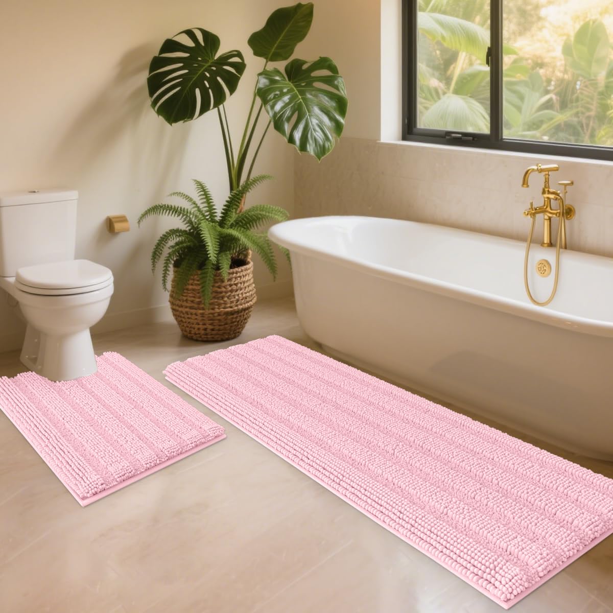 ACCUMTEK Christmas Striped Pink Toilet Bathroom Rug Mat Set 2 Piece Rug Ultra Soft, Non Slip Chenille Bath Rugs, Absorbent Plush Shaggy Bath Mats for