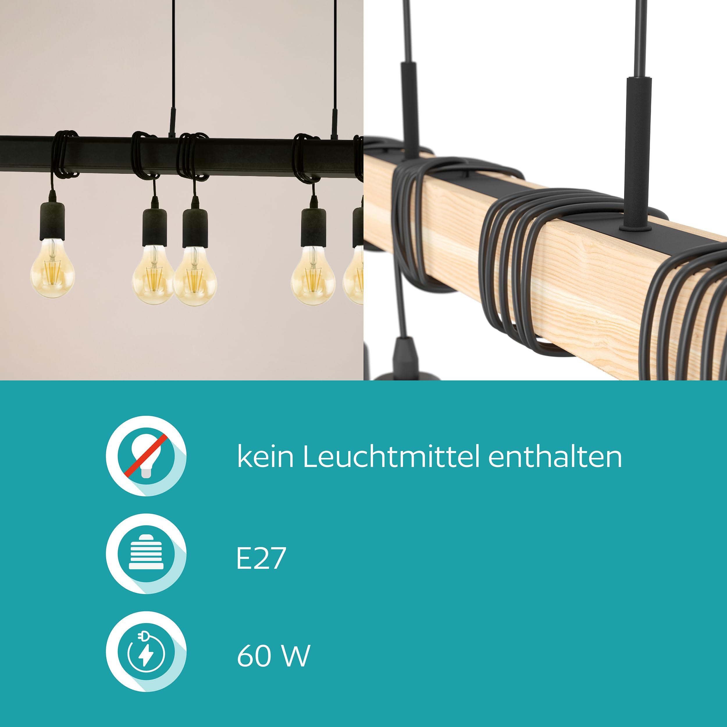 Eglo Suspension luminaire Townshend, plafonnier suspendu vintage à 6 | lampes, lampe de salle à manger, lustre salon style industriel, acier noir, douille E27