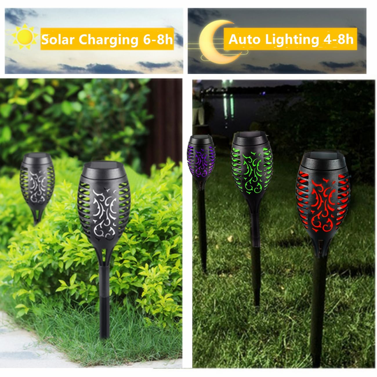 Waterpoorf - Torcia a LED a energia solare, per esterni, con fiamma tremolante, per decorazione del giardino, confezione da 6, con accensione automatica e spegnimento automatico, per patio