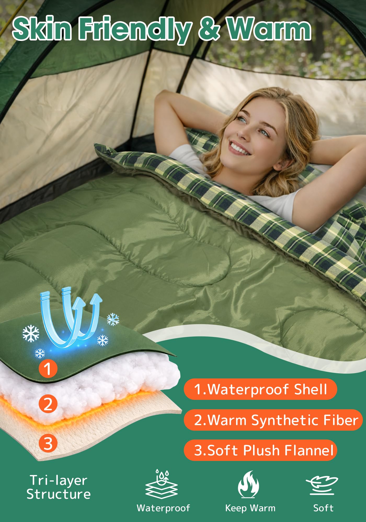 Saco de Dormir Doble de Franela de algodón con 2 Almohadas para Adultos y niños, Camping, 3 Estaciones, Saco de Dormir para Dos Personas, Ligero, Impermeable, con Saco de compresión, tamaño
