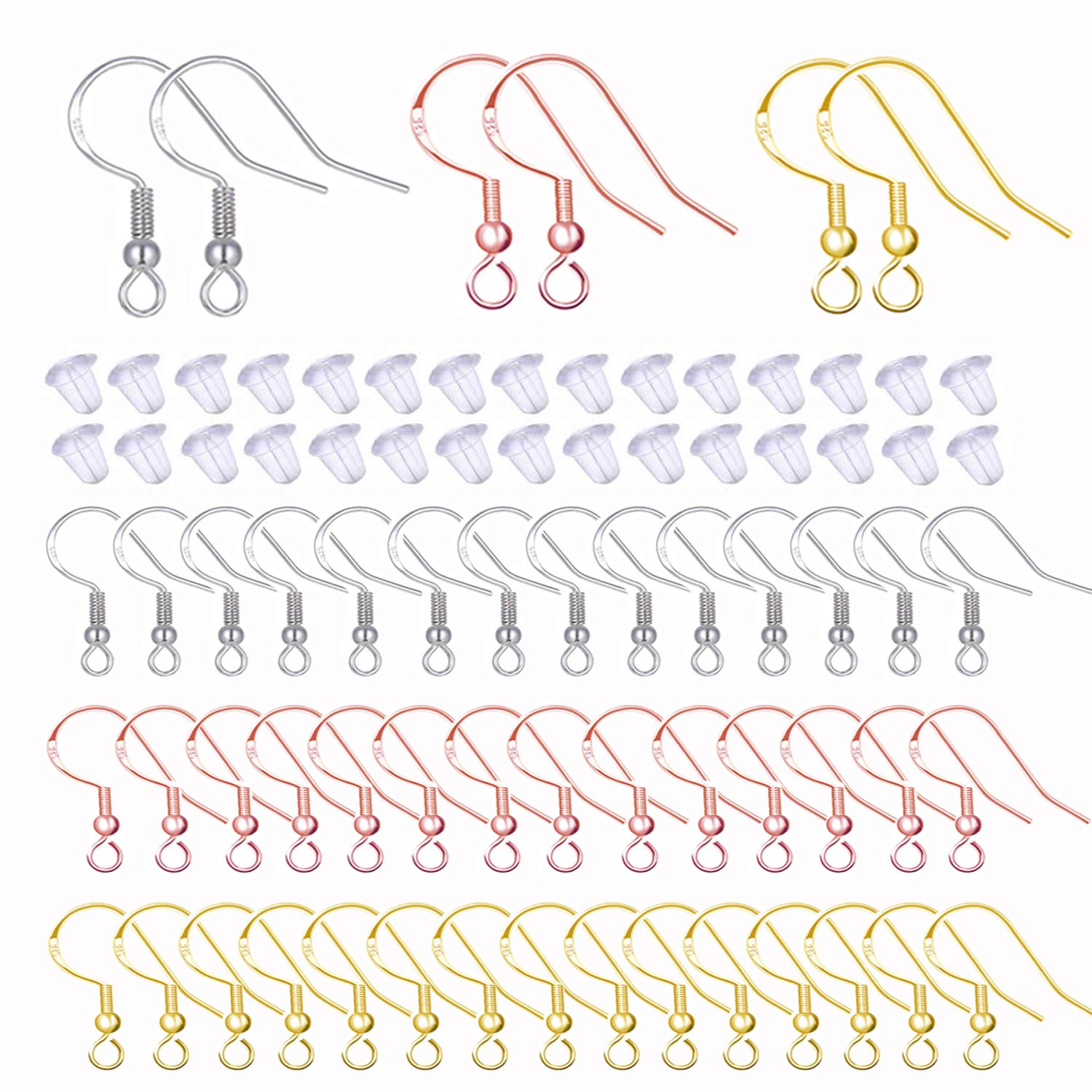 120 PCS 925 Silver Earring Hooks Hypo-allergenic Fish Hook Ear Wires French Wire Hooks with 120 PCS Clear Silicone Earring Backs for Jewelry Findings Earring Parts DIY Making