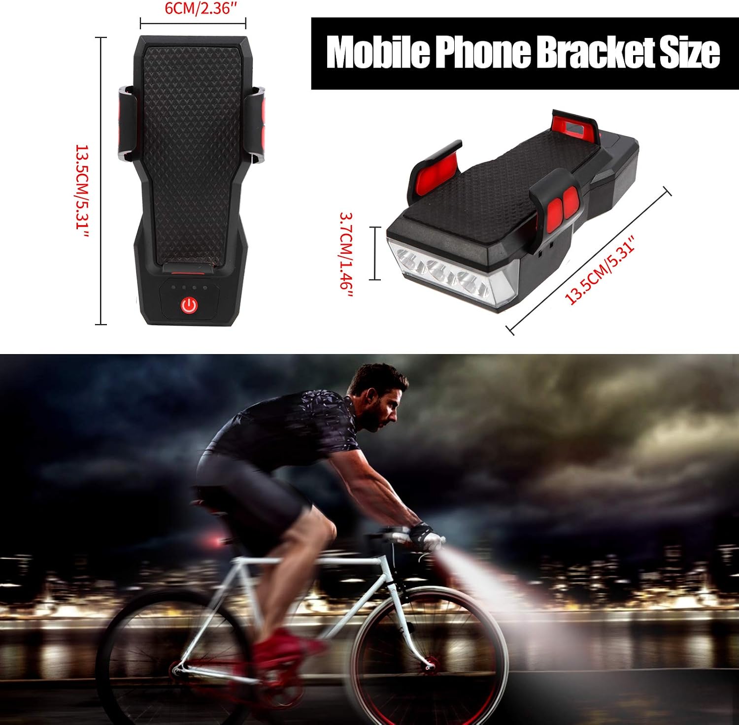 YUEWXTER 4 in 1 Bicycle Lights Set, Bicycle Mobile Phone Holder, 2700 lumens, USB Rechargeable Bicycle Led Front and Back Light, Waterproof Bicycle Light with Phone Holder, Electric Bike Horn 130 db