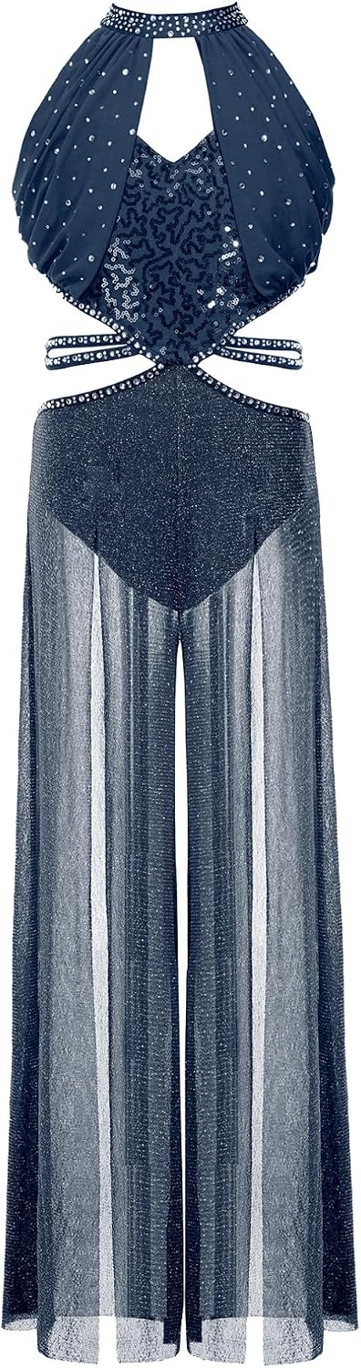 FEESHOW Girls Sequin Lyrical Dance Jumpsuit Sparkly Figure Skating Leotard Sleeveless Halter Ballet Leotard for Stage Recital