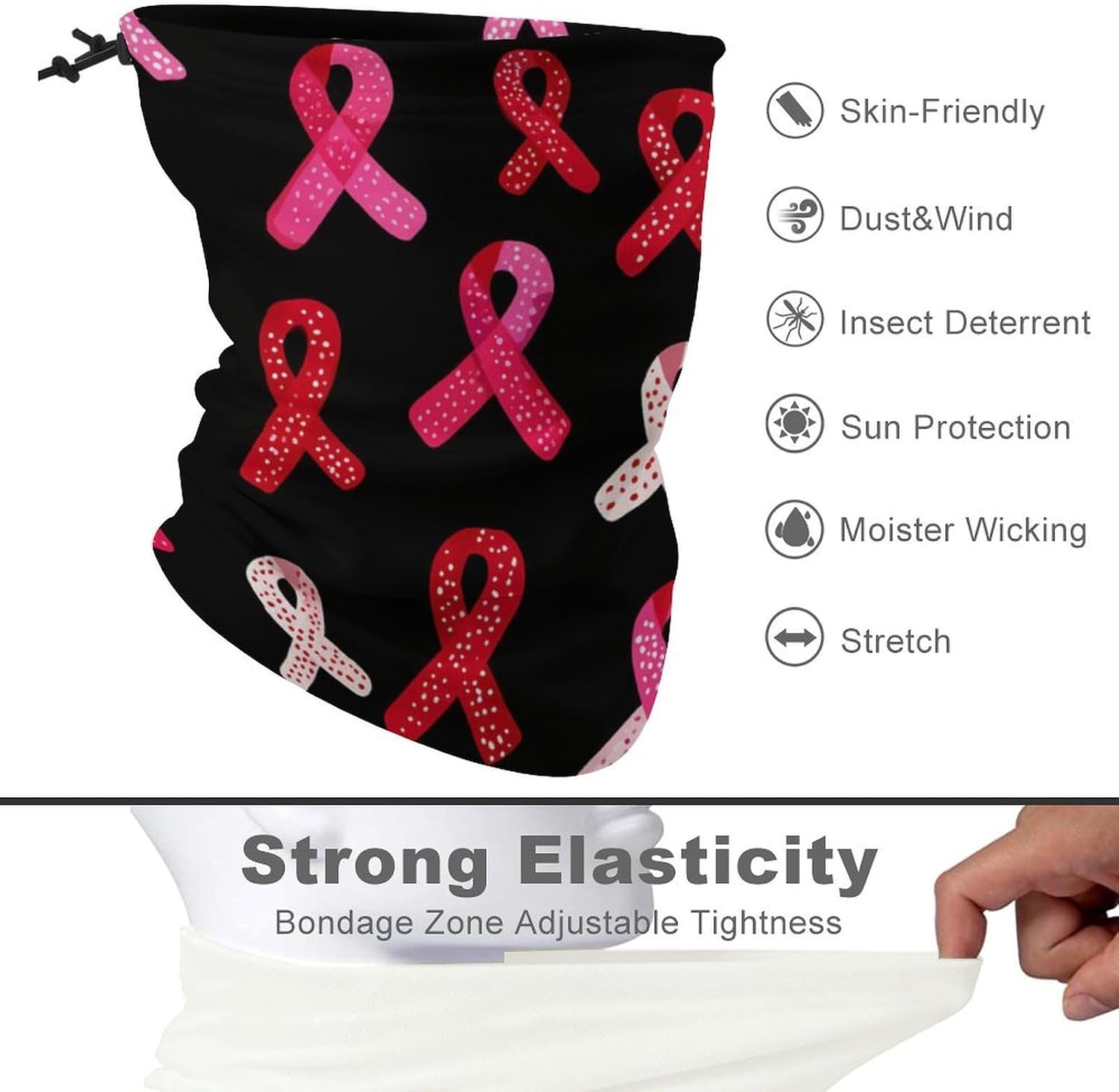 Breast Cancer Ribbon Neck Gaiter Multifunctional Face Mask Windproof Head Wrap for Men Women