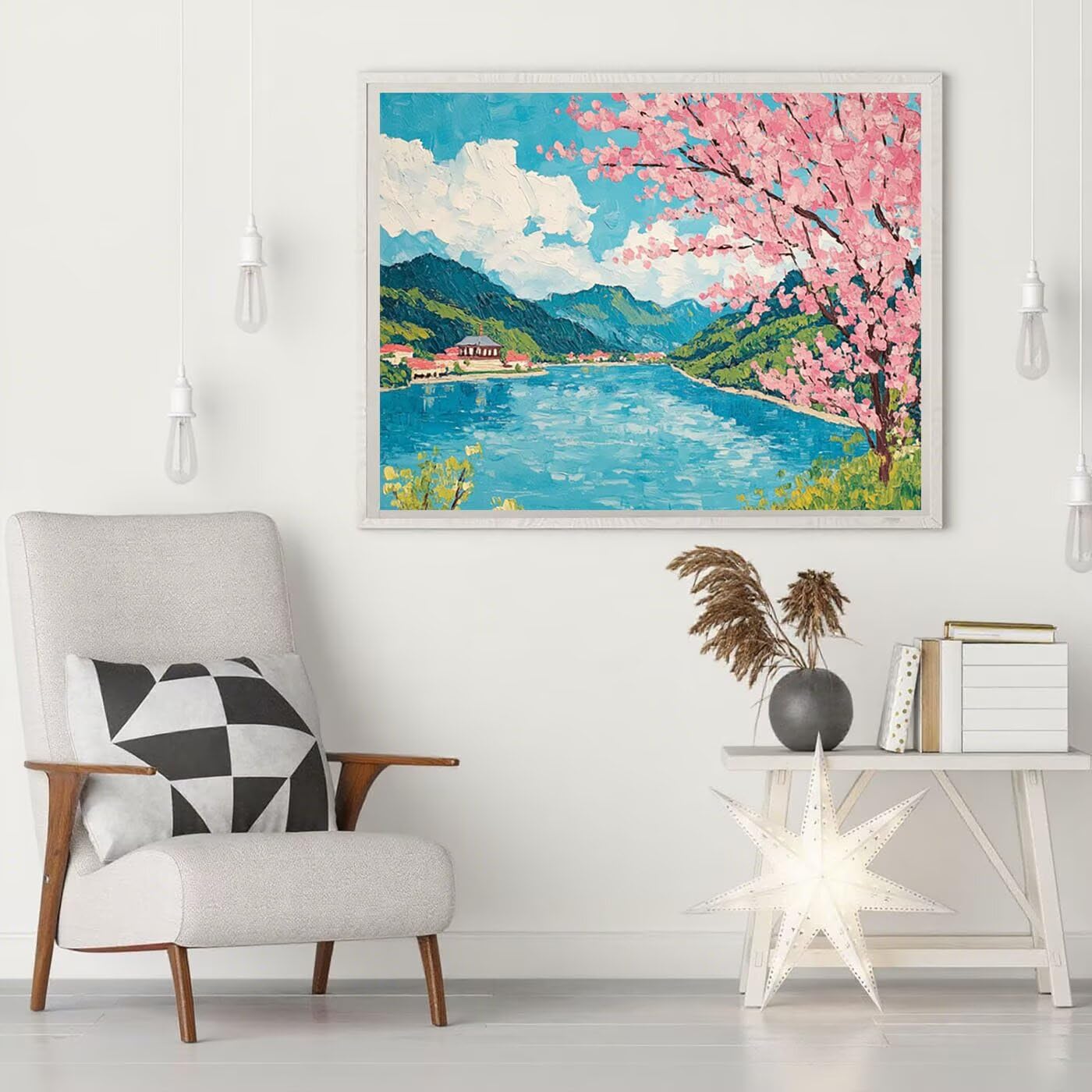 Diamentowa sztuka, kwiaty wiśni, zestawy do malowania diamentowego dla dorosłych, 5D, DIY, jezioro, pełne wiercenie, haft krzyżykowy, cekiny, klejnoty, obrazy, sztuka i rękodzieło, obrazy do dekoracji