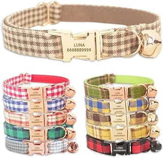 PETDURO Personalized Coffee Gingham Plaid Cat Collar with Bell & Name | Custom Engraved Gold Metal Buckle, Adjustable for Boy Girl Cats & Kittens, Optional Bow Tie, Non-breakaway