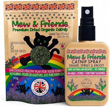 Mew & Friends Catnip & Spray Bundle   30g natural Dried Catnip + Natural Catnip Spray   Play & Relax Set for Cats   Made in UK