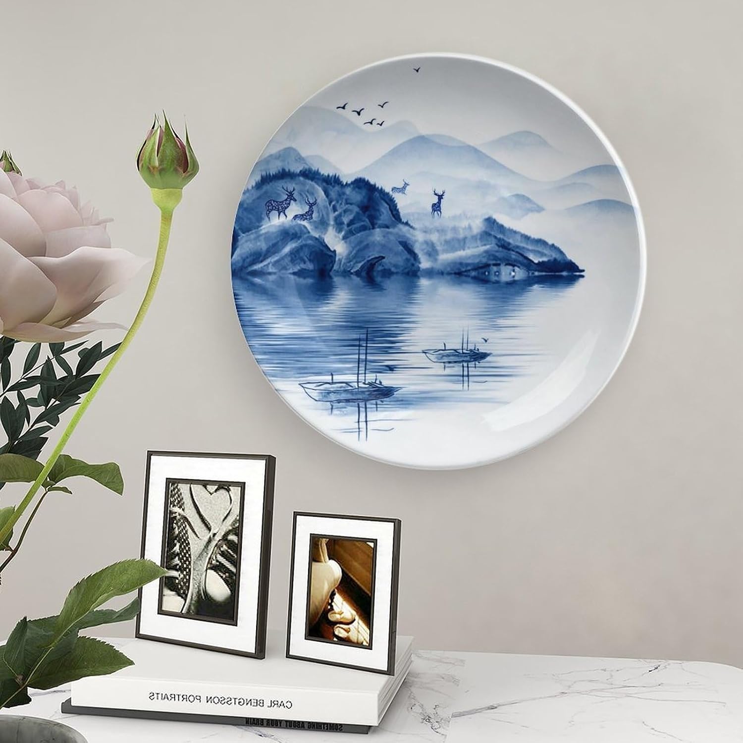 Water Town Sails Landscape Bone China Plate, Classic Wall Decor, Room Accent for Living Room Bedroom Bone China Decorative Plate, 8inch Wall Art Home Decor