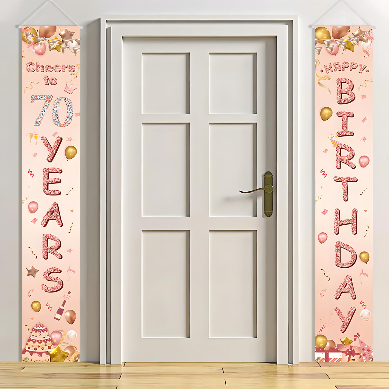 Happy 70th Birthday Door Banner, 70th Birthday Decorations Banner for Her, Rose Gold 70 Banners Porch Sign for Birthday Party Indoor Outdoor Decoration