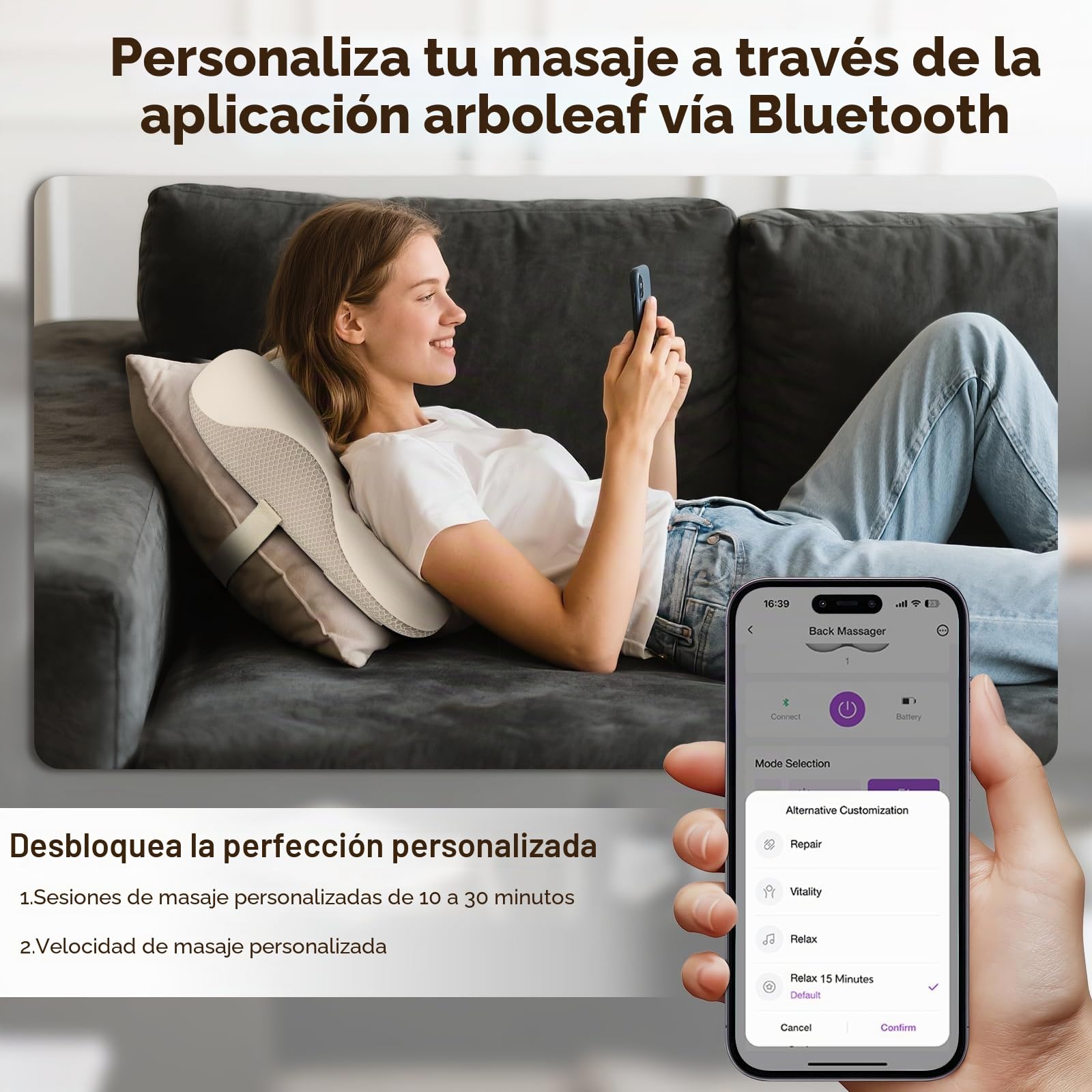 Arboleaf Cojín de Masajeador Shiatsu con Bluetooth y Control por APP, Masajeador Cuello, Espalda y Lumbar, Almohada de Masaje Eléctrico con Calor, Ideas de Regalo para Hombre, Mujere, Madre y Padre