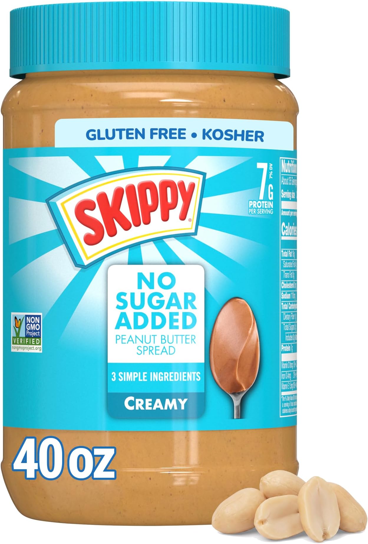 Creamy Peanut Butter No Sugar Added, Plant Based Protein, 40oz x1