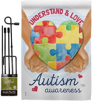 Understand Autism Awareness Garden Flag Set with Stand Support Inspirational Survivor Ribbon Prevention Cancer Breast BLM Small Decorative Gift Yard House Banner Double-Sided Made In USA 13 X 18.5