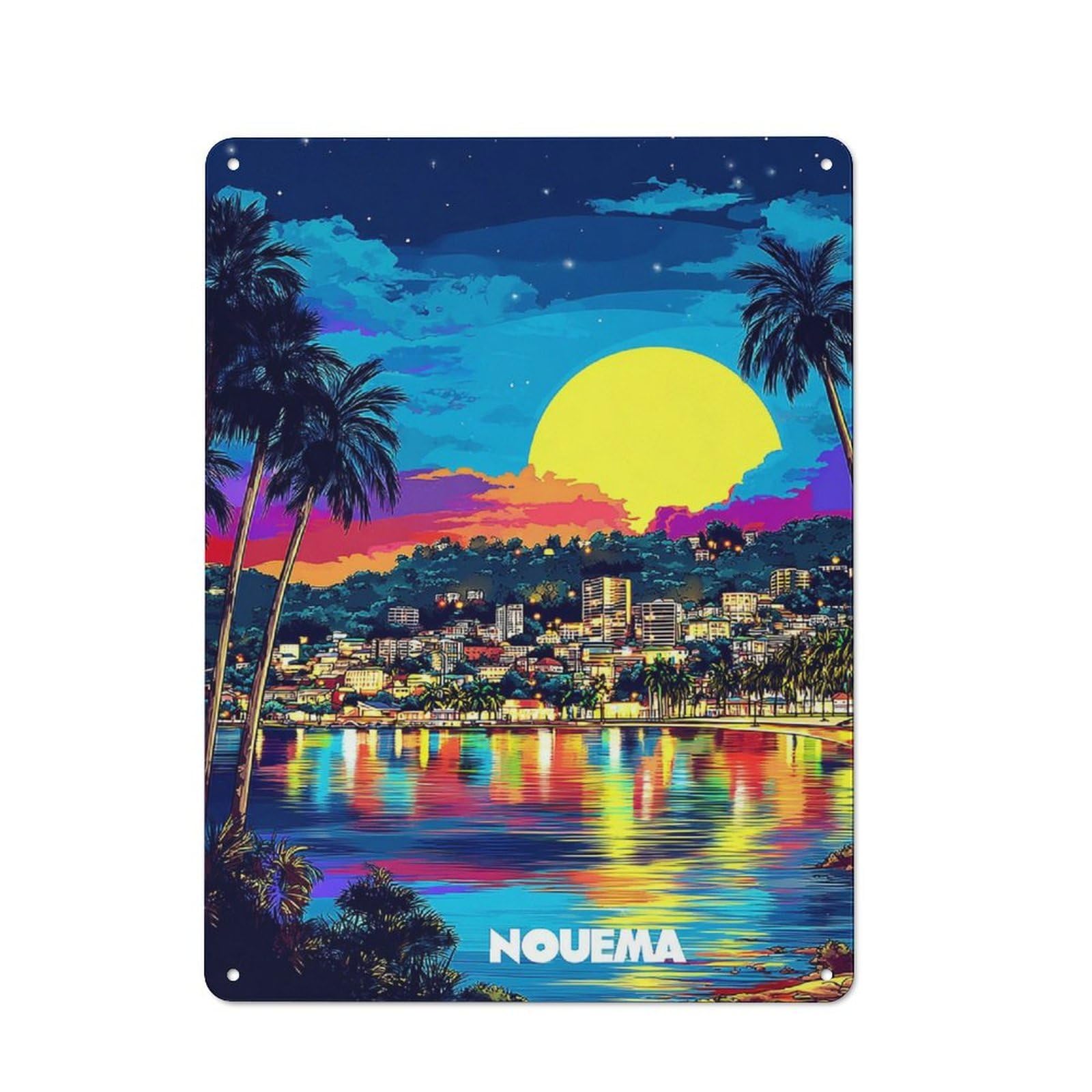 Junmoney Vibrant Sunset Over Tropical Cityscape Tin Sign 40X30cm For Pub Or Café, Retro-Style Wall Decor, For Garage, Workshop And Man Cave Decoration