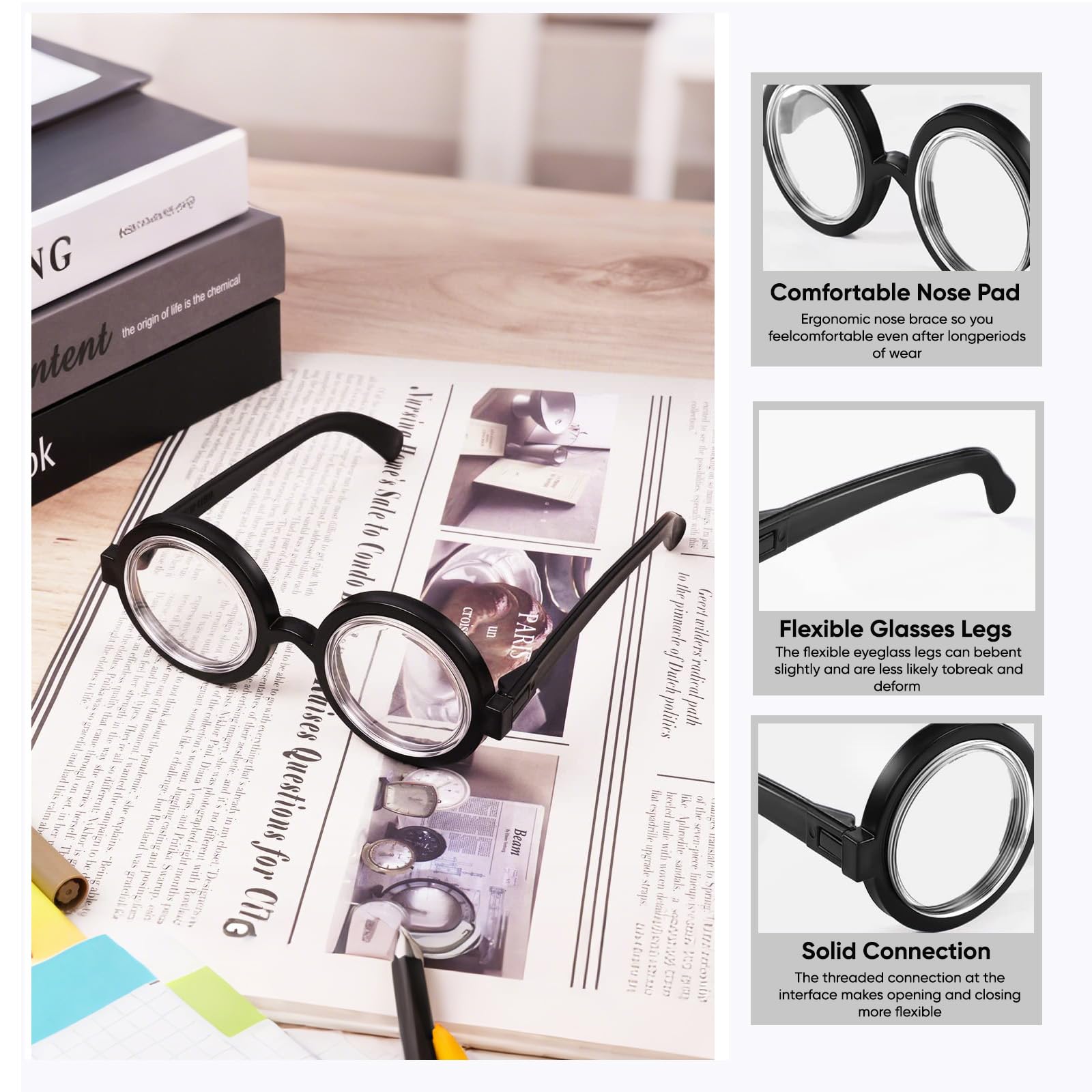 ZALAOR 2 Pcs Black Nerd Glasses for Fancy Dress: Funny Joke Glasses, Novelty Round Eyewear with Silly Look - Image 3