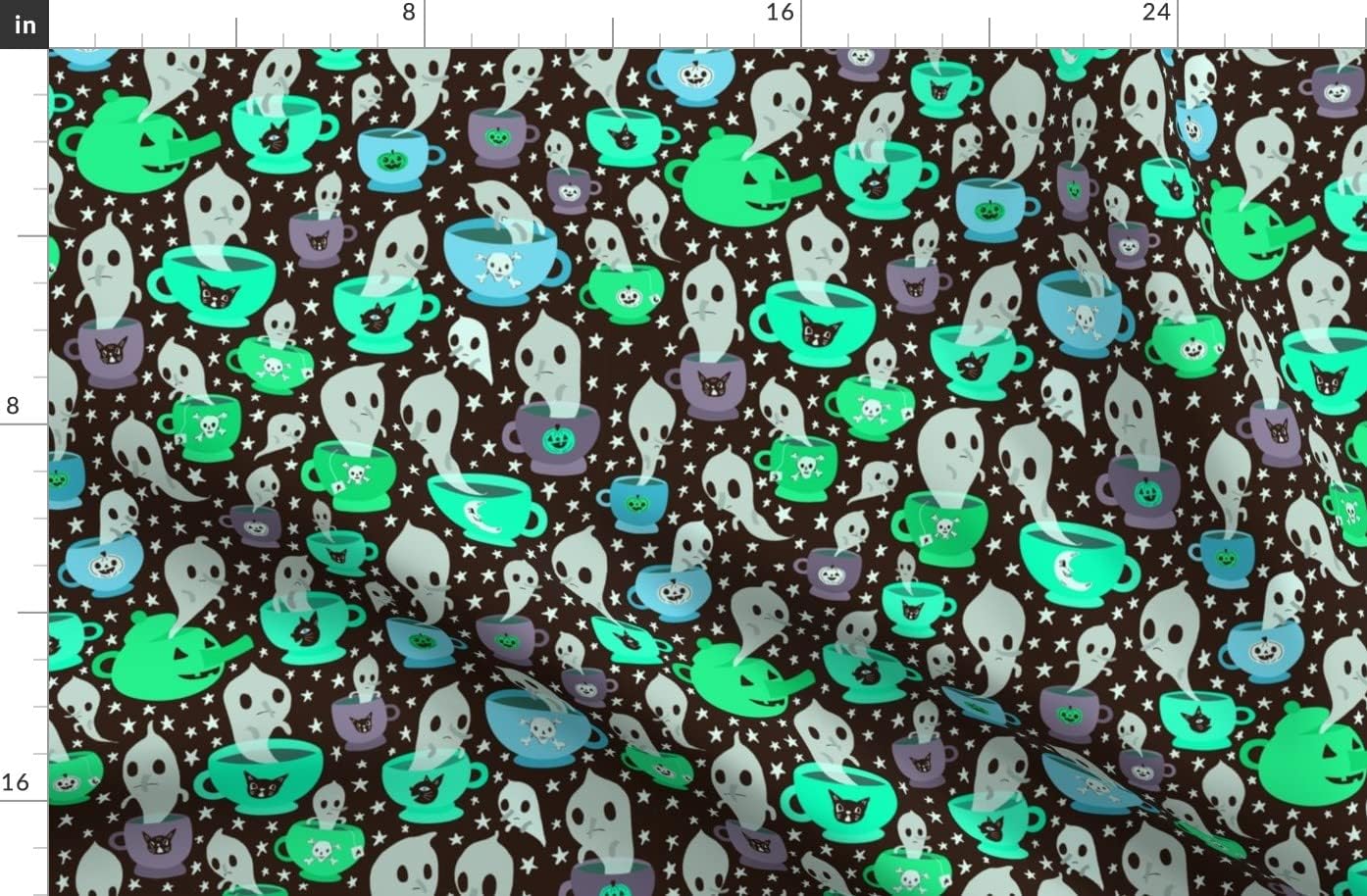 Spoonflower Fabric - Tea Blues Ghost Halloween Reading Pumpkin Printed on Organic Cotton Sateen Fabric by The Yard - Sewing Quilting Apparel Home Decor