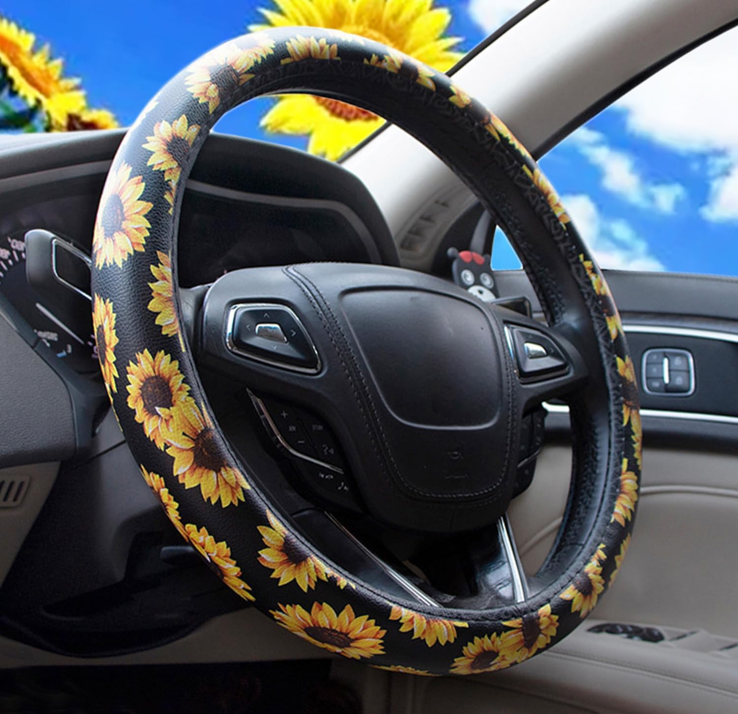 Dotesy Car Sunflower Steering Wheel Cover Leather | Premium PU Leather,Cute Floral Print Steering Wheel Cover for Women,Soft,Comfortale,Non-slip,Non-faded,Universal Fit