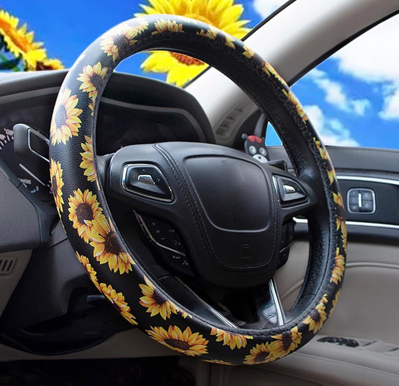 Capa para Volante Dotesy em Couro PU com Estampa Floral Preta e Amarela para Volantes de 38 cm