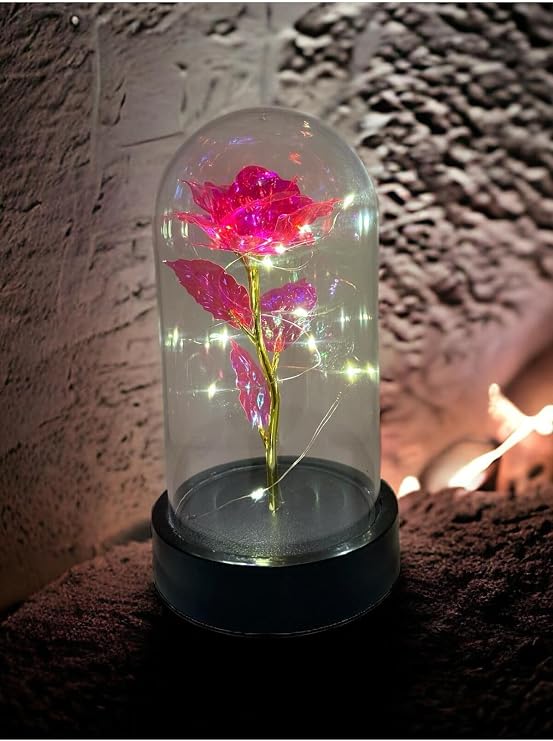 Lapidaria Fanus Içerisinde Dekoratif Peri Led Işıklı Pembe Solmayan Sonsuzluk Gülü Lamba Ve Papatya Kolye