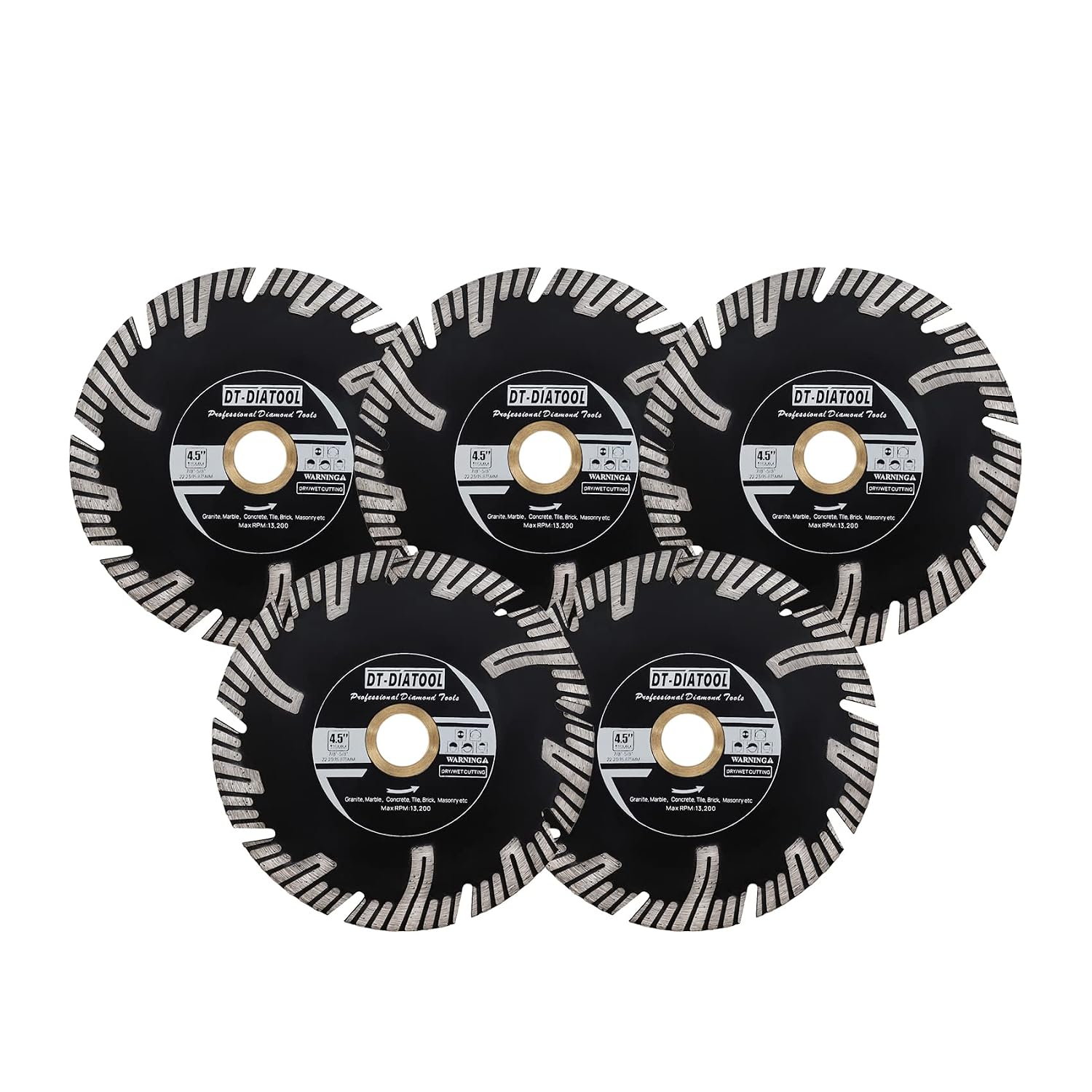 DT-DIATOOL Diamond Granite Saw Blade 4-1/2 Inch Continuous Rim Turbo Diamond Blade 7/8"-5/8" Arbor Cutting Disc for Angle Grinder Cutting Marble Artificial Stone Concrete Masonry 5pcs