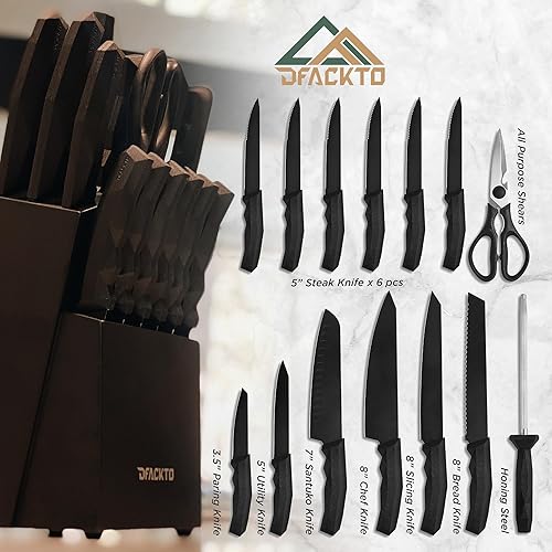 Miniatura 5 de DFACKTO Juego de cuchillos de cocina de 15 piezas con afilador, cuchillas de acero inoxidable de alto carbono, diseño ergonómico de espiga completa,