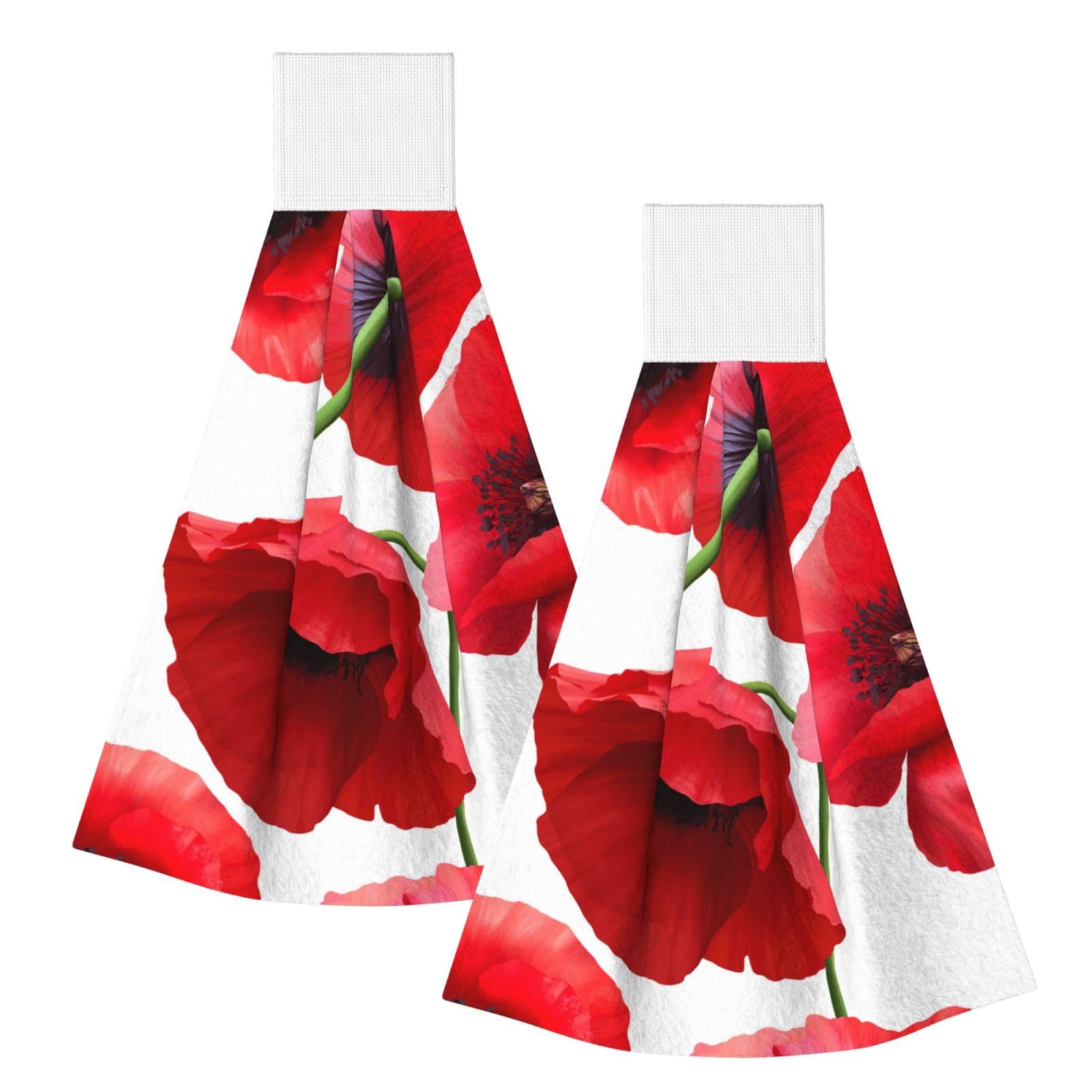 DOPKLNA Poppy Seamless Pattern, 2 Pcs Hanging Coral Fiber Hand Towels for Bathroom, Absorbent Kitchen Towels