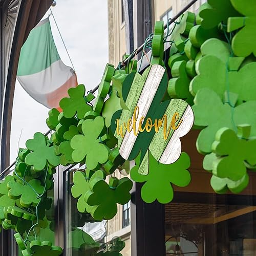 Miniatura 4 de Whaline Letrero colgante de madera irlandesa para puerta del día de San Patricio, tablero de bienvenida con forma de trébol, letrero colgante de